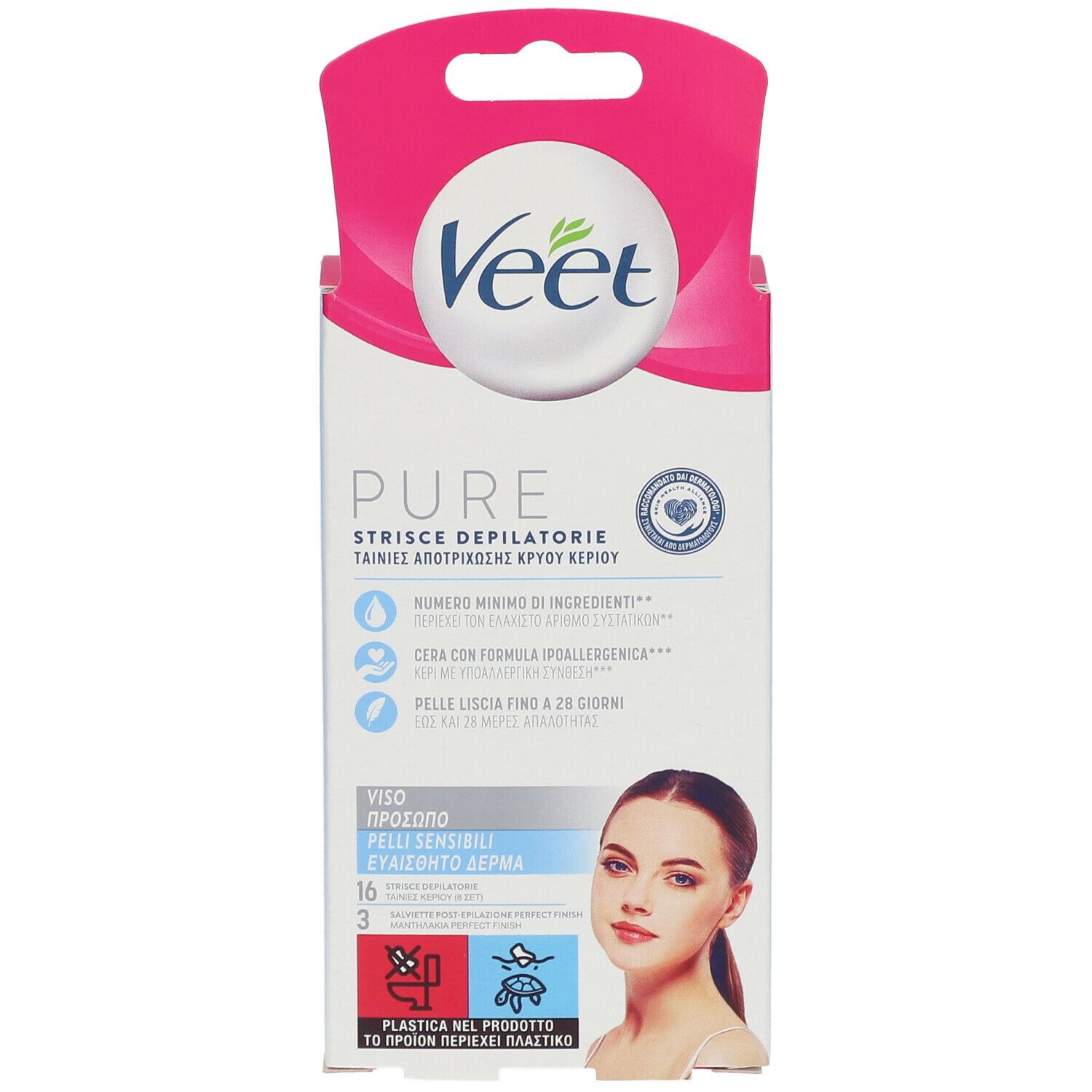 Emballage de bandes dépilatoires visage Veet Pure. Emballage blanc avec accents roses, image du produit et texte.