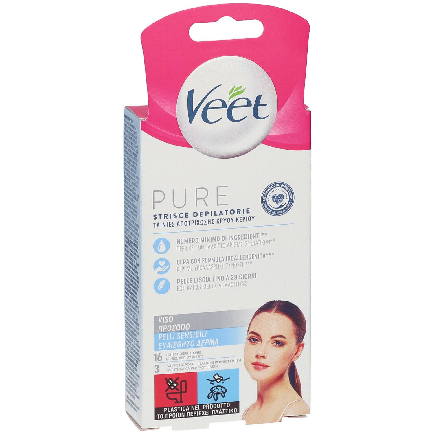 Emballage de bandes dépilatoires visage Veet Pure. Emballage blanc avec accents roses, image du produit et texte.
