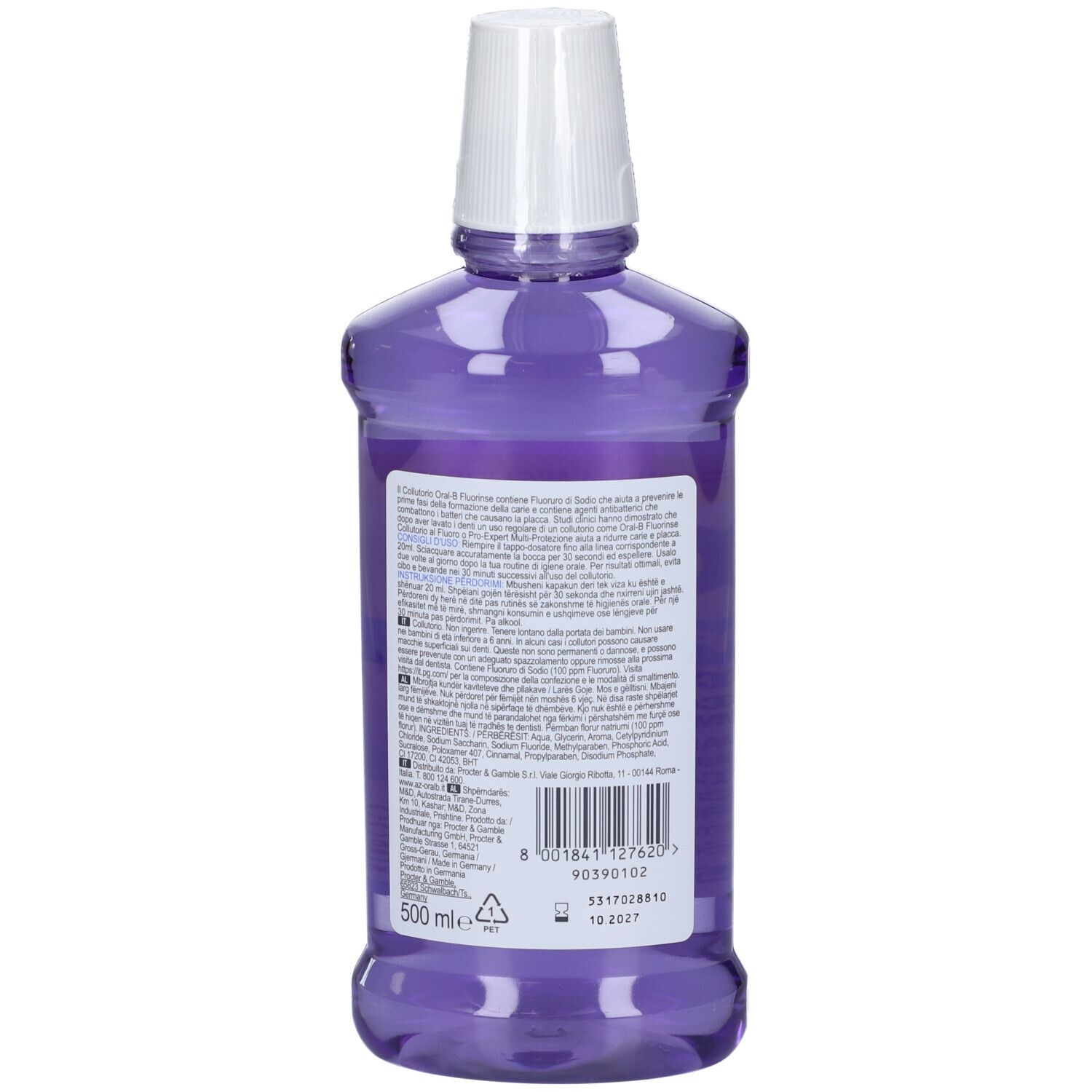 Rückseite der violetten Mundspülungsflasche. Etikett mit Text und Barcode. 500 ml.