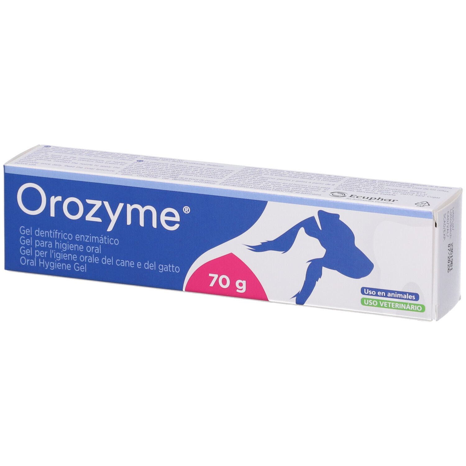Gel per l'igiene orale di cani e gatti. Scatola blu con nome e logo del prodotto. Indicazione 70g. Illustrazione di un cane.