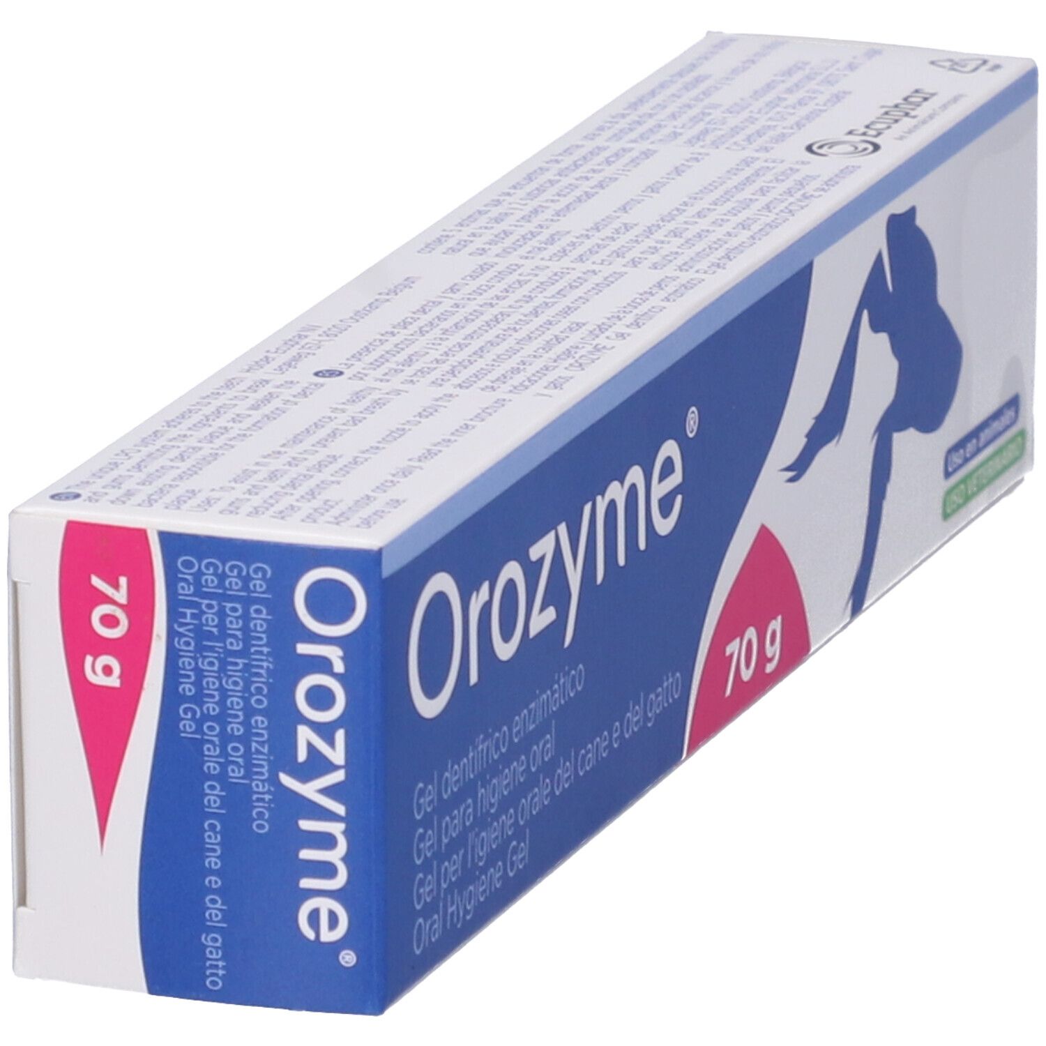 Gel per l'igiene orale di cani e gatti. Scatola blu con nome e logo del prodotto. Indicazione 70g. Illustrazione di un cane.