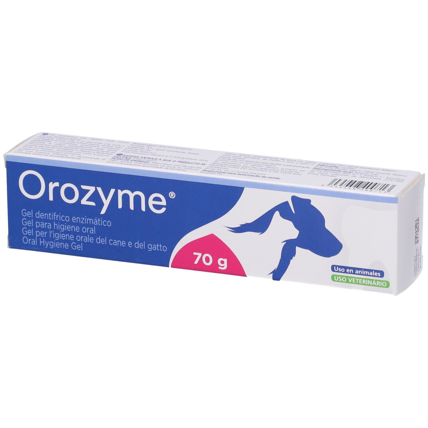 Gel per l'igiene orale di cani e gatti. Scatola blu con nome e logo del prodotto. Indicazione 70g. Illustrazione di un cane.