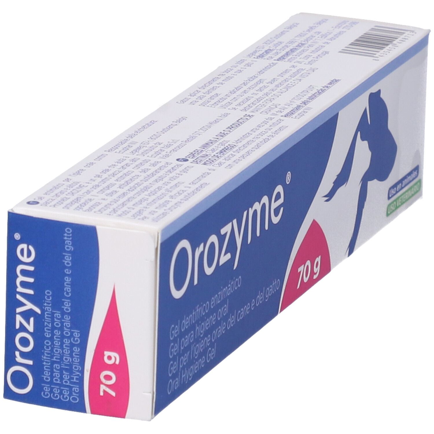 Gel per l'igiene orale di cani e gatti. Scatola blu con nome e logo del prodotto. Indicazione 70g. Illustrazione di un cane.