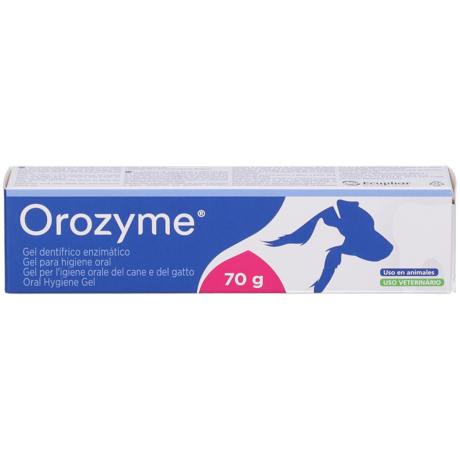 Gel per l'igiene orale di cani e gatti. Scatola blu con nome e logo del prodotto. Indicazione 70g. Illustrazione di un cane.