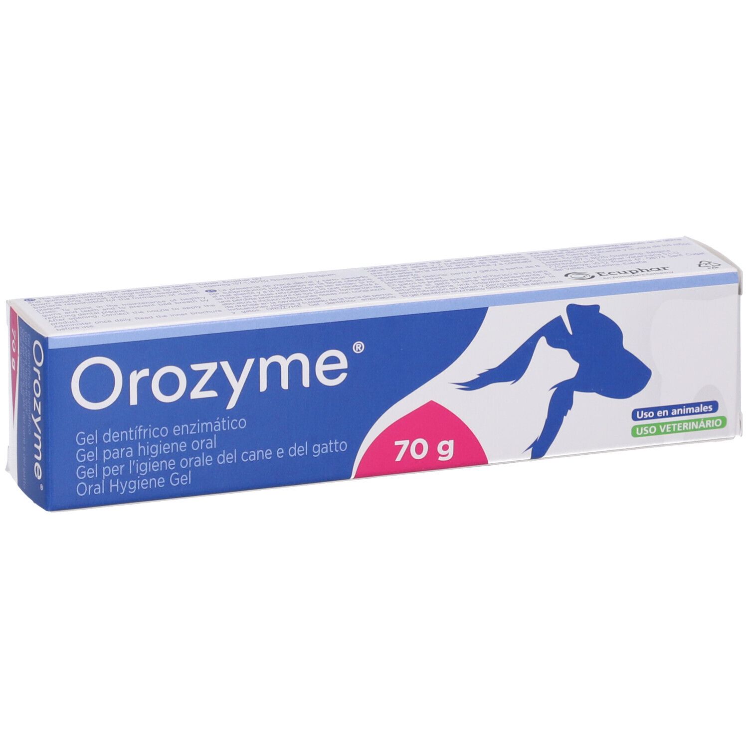 Gel per l'igiene orale di cani e gatti. Scatola blu con nome e logo del prodotto. Indicazione 70g. Illustrazione di un cane.
