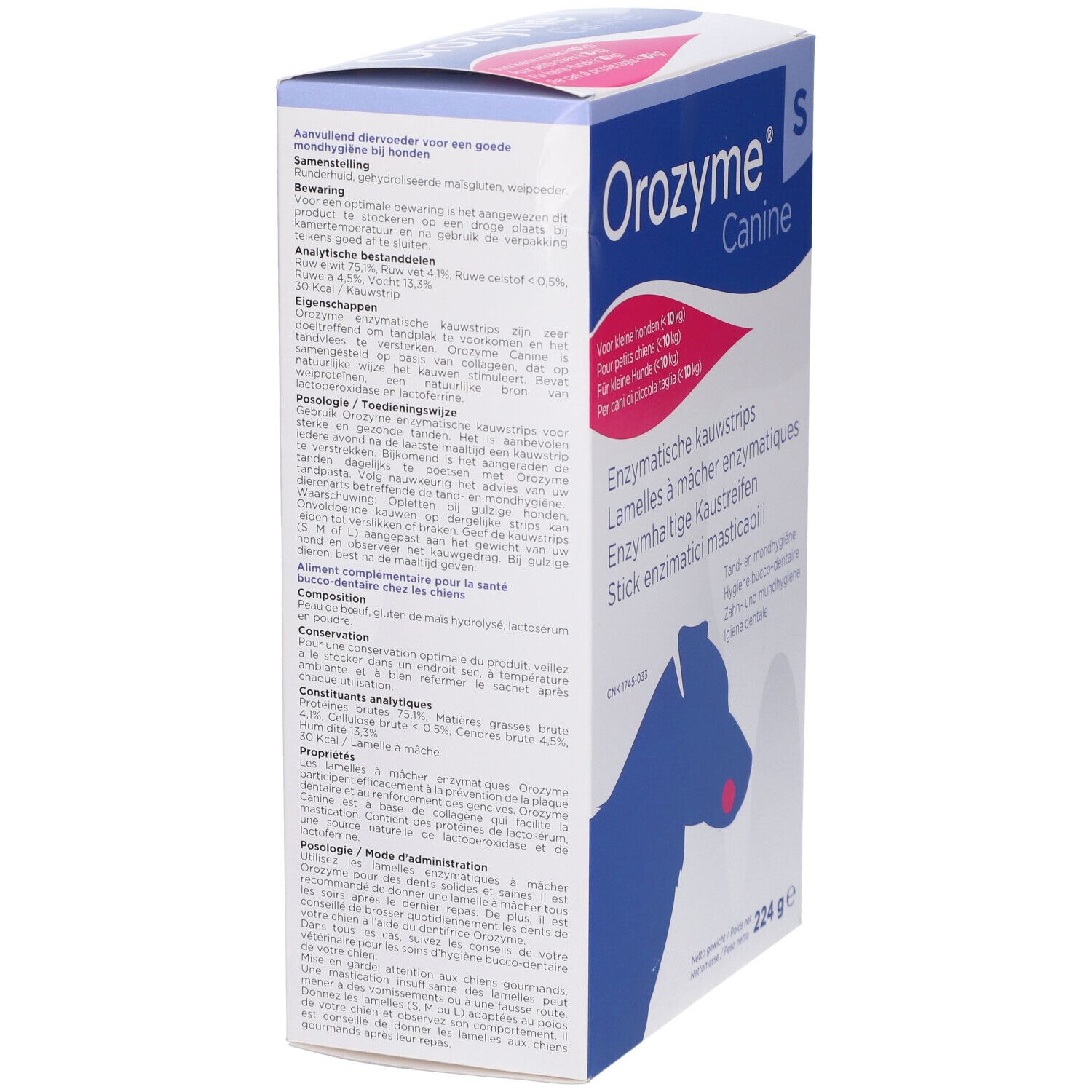 Retro della confezione Orozyme Canine. Testo sugli ingredienti e l'uso. Peso: 224 g.