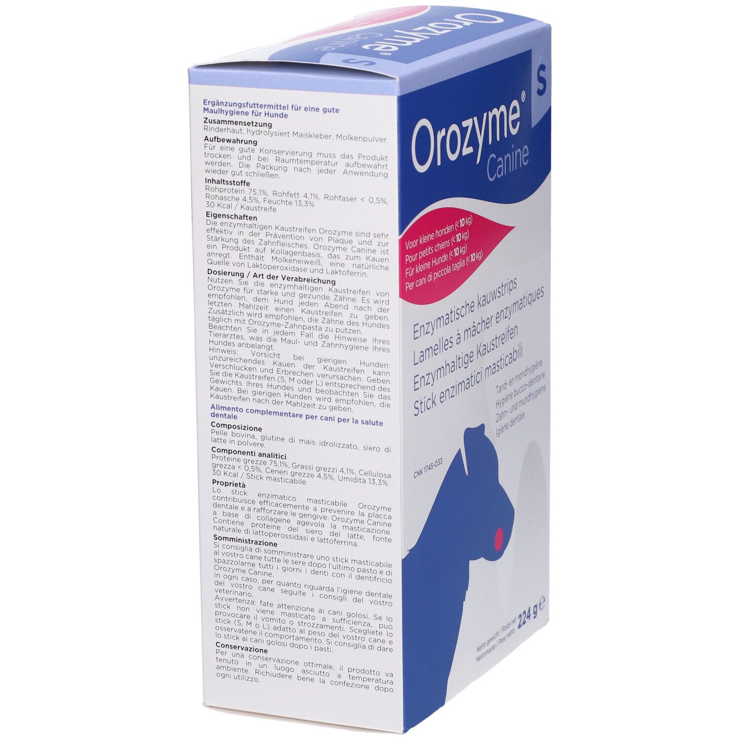 Confezione Orozyme Canine. Testo sugli ingredienti e l'uso. Peso: 224 g.