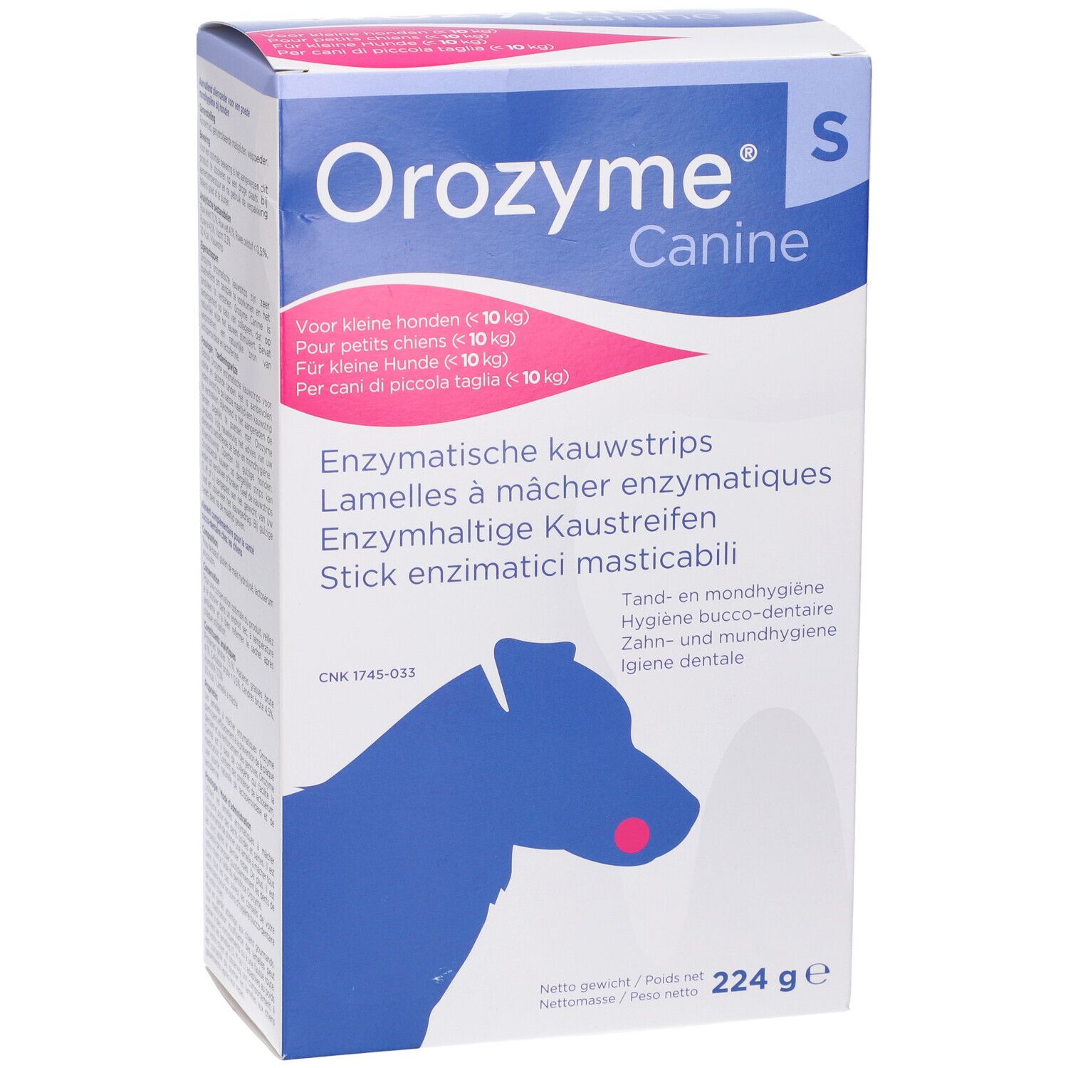 Confezione Orozyme Canine. Contiene stick enzimatici masticabili. Per cani di piccola taglia (< 10 kg). Peso: 224 g.