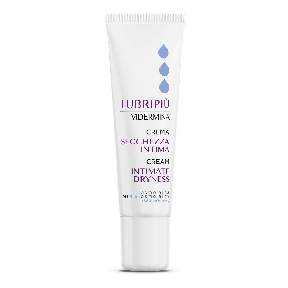 Tubo crema con nome e gocce blu. Testo: CREMA SECCHEZZA INTIMA, pH 4.5.