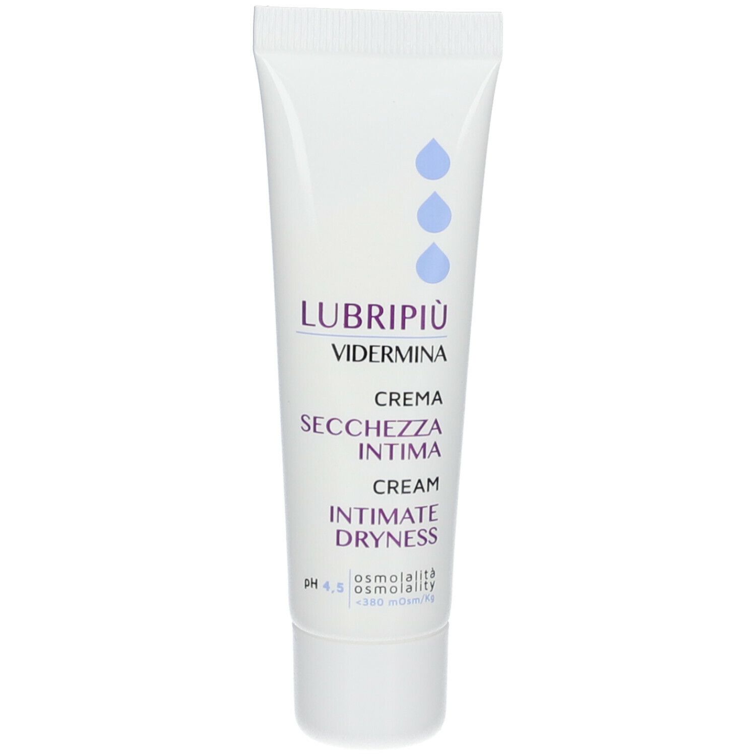 Tubo crema con nome e gocce blu. Testo: CREMA SECCHEZZA INTIMA, pH 4.5.