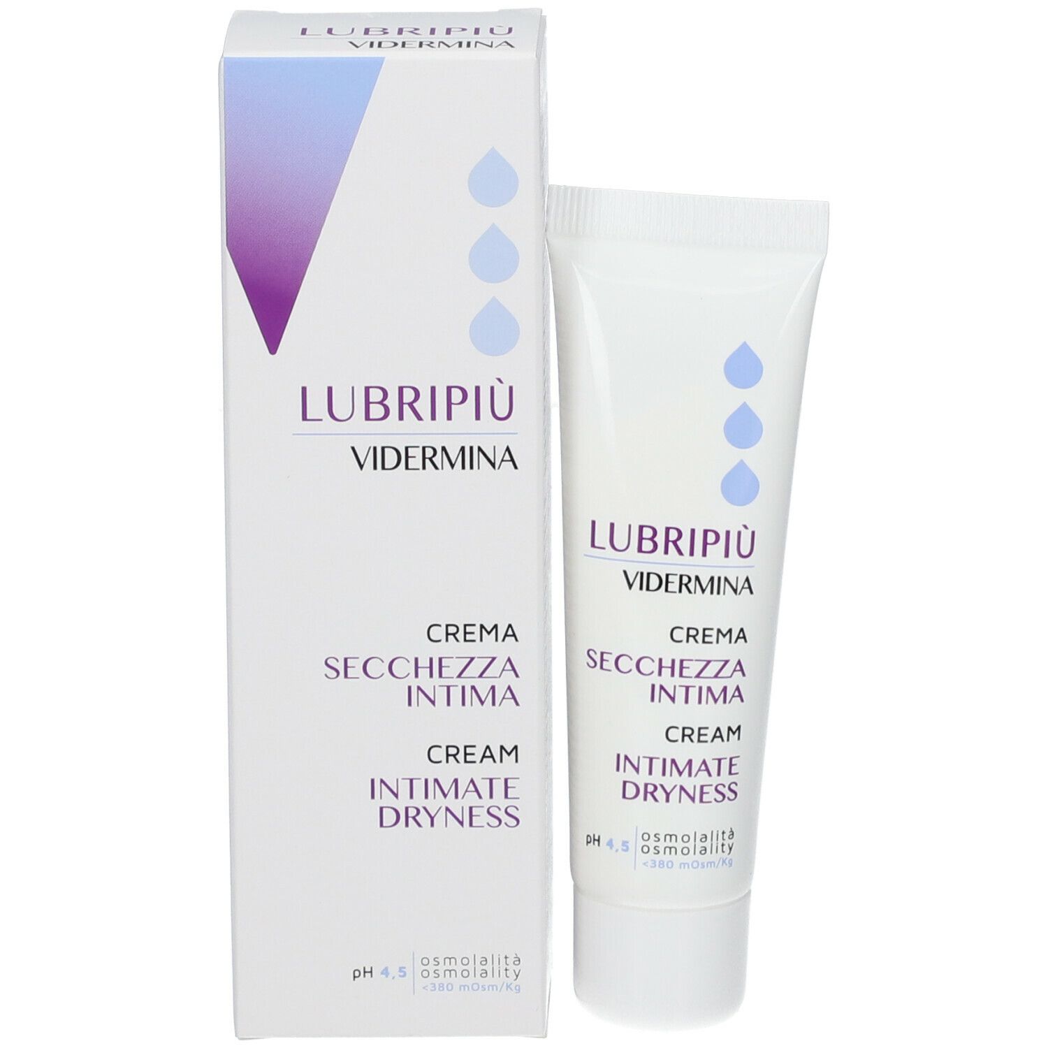 Confezione prodotto con tubo. Testo: CREMA SECCHEZZA INTIMA, pH 4.5. Scatola con sfumatura blu.