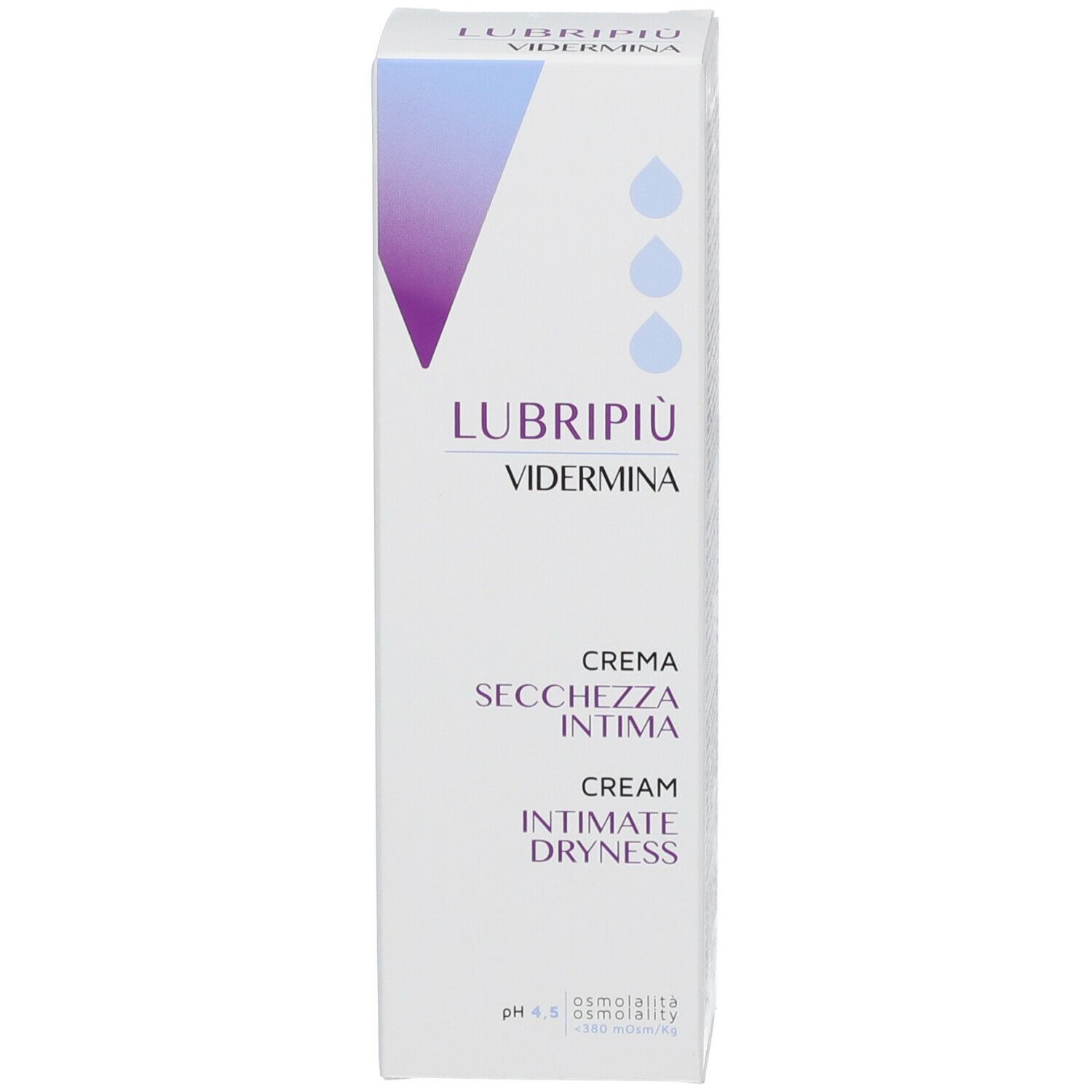 Confezione prodotto con sfumatura blu e nome. Testo: CREMA SECCHEZZA INTIMA, pH 4.5.