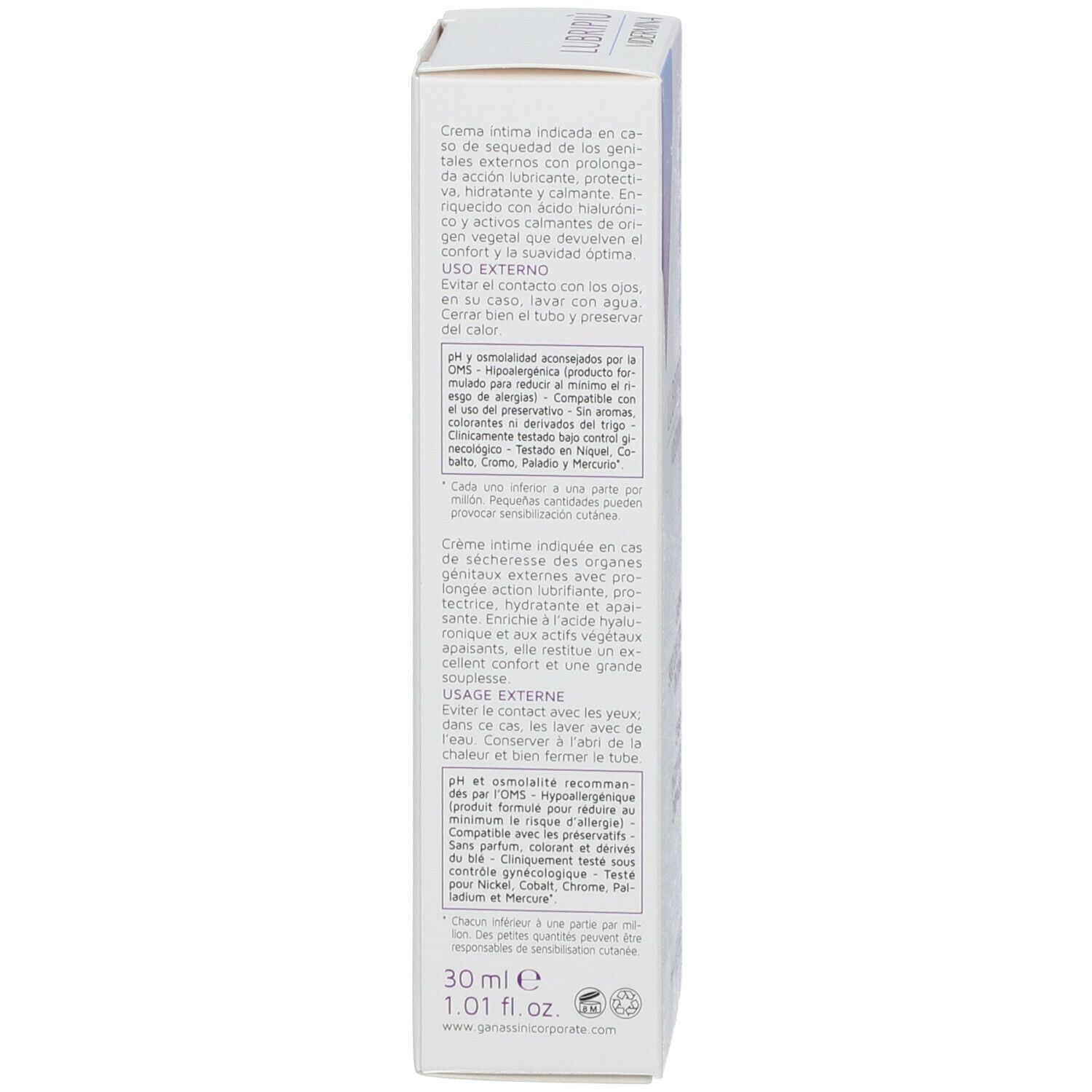 Confezione prodotto con testo multilingue. Volume: 30 ml / 1.01 fl.oz. Contiene ingredienti.