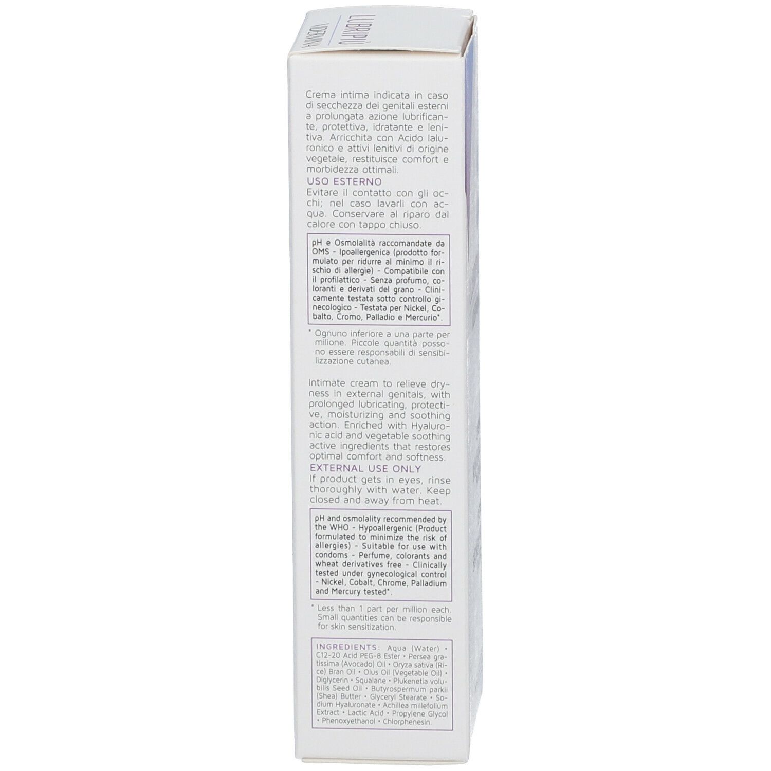 Confezione prodotto con testo multilingue. Contiene ingredienti. pH e avvertenze.