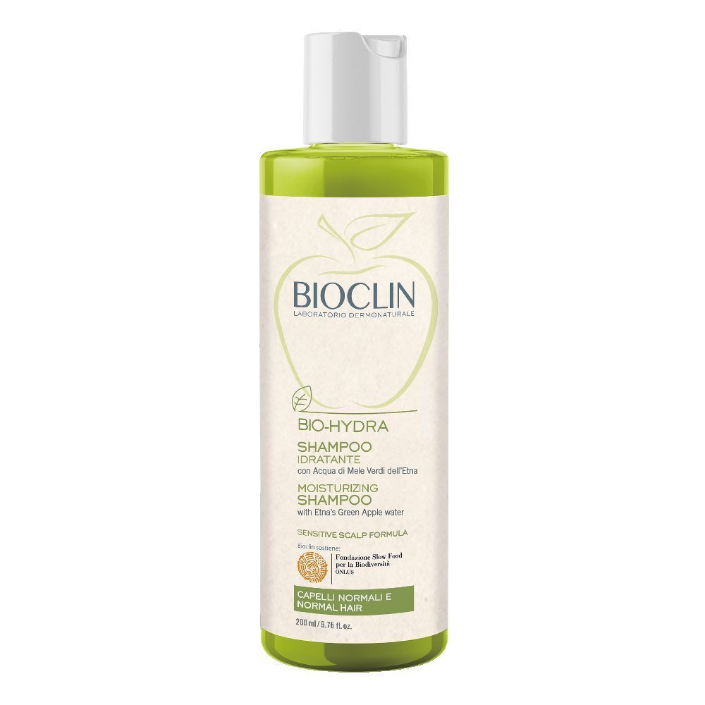 Flacone di shampoo verde con tappo bianco. Logo BIOCLIN e nome del prodotto BIO-HYDRA Shampoo. Testo: Capelli Normali/Normal Hair.