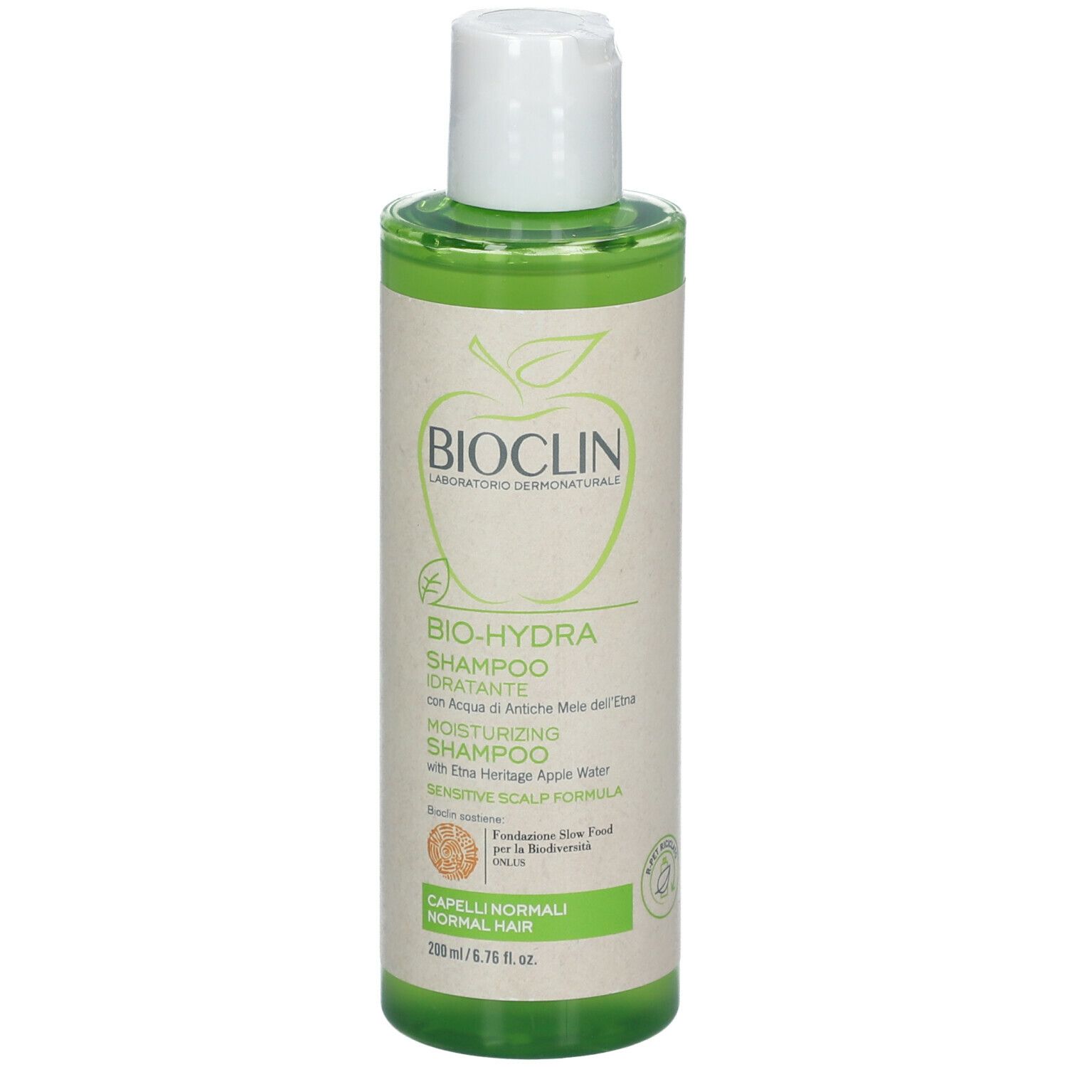 Flacone di shampoo verde con tappo bianco. Logo BIOCLIN e nome del prodotto BIO-HYDRA Shampoo. Testo: Capelli Normali/Normal Hair.