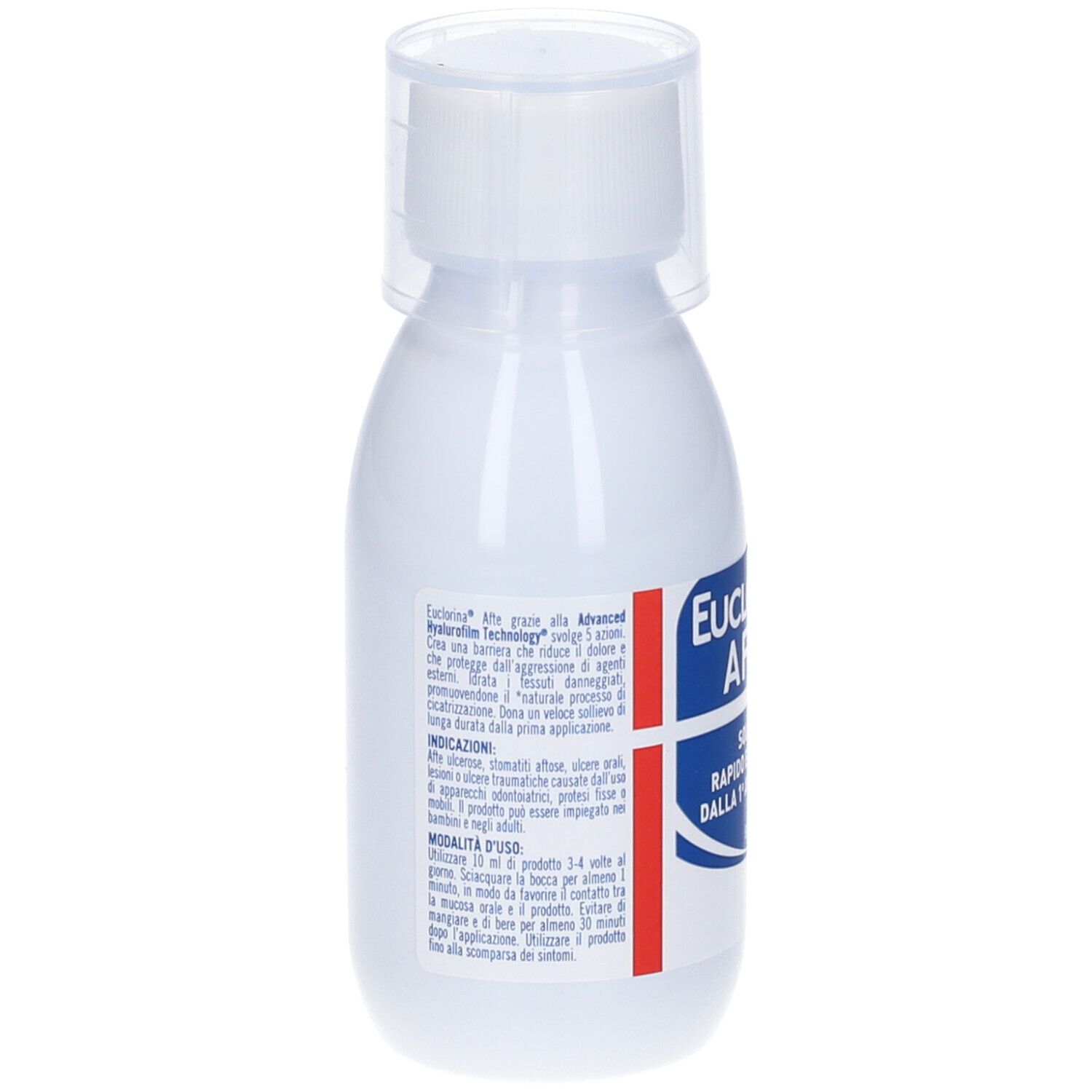Flacone bianco EUCLORINA AFTE. Retro con testo. Testo: 'Advanced Hyalurofilm Technology'.