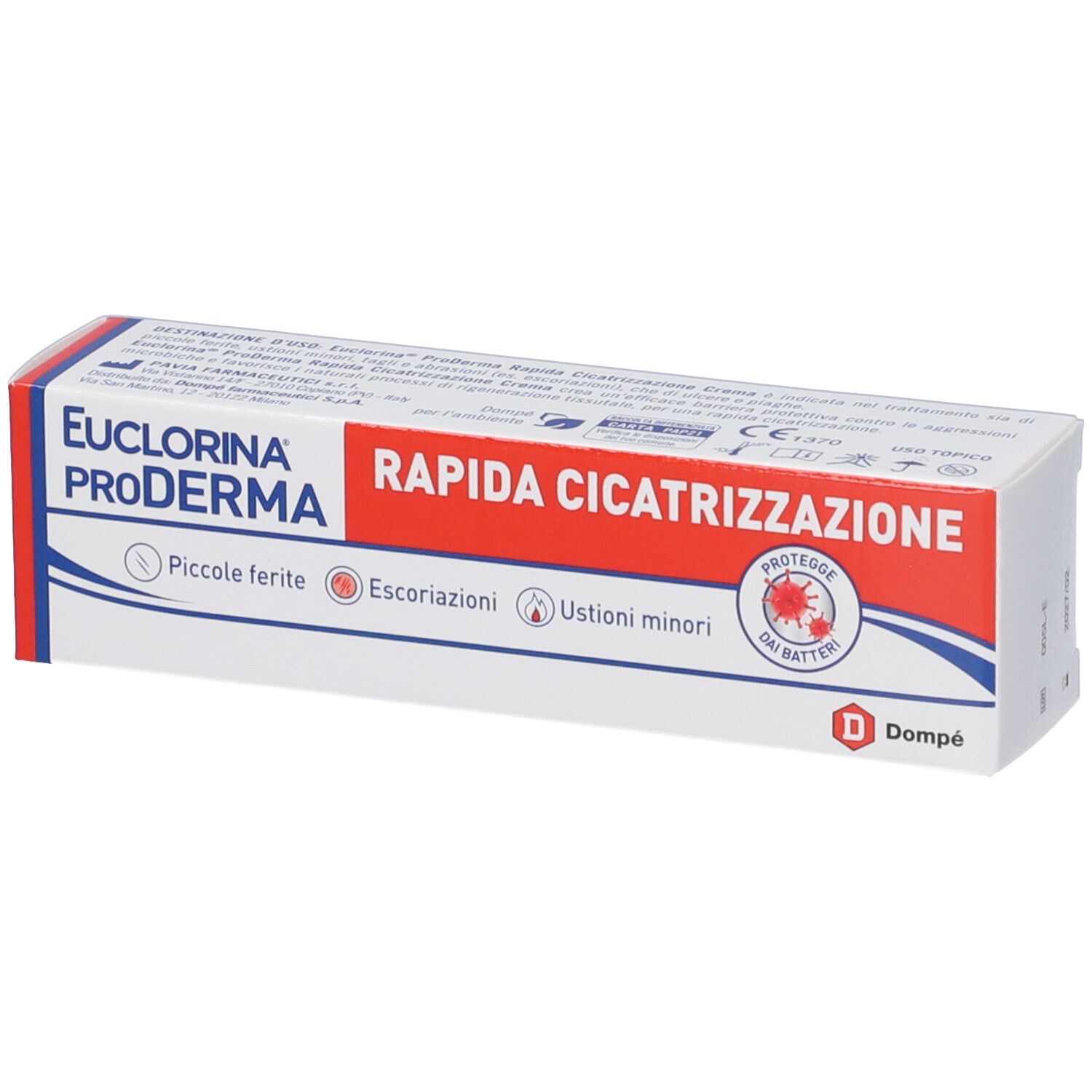 Verpackung von Euclorina ProDerma. Rote und weiße Schachtel mit Produktnamen und Aufschrift 'Rapida Cicatrizzazione'.