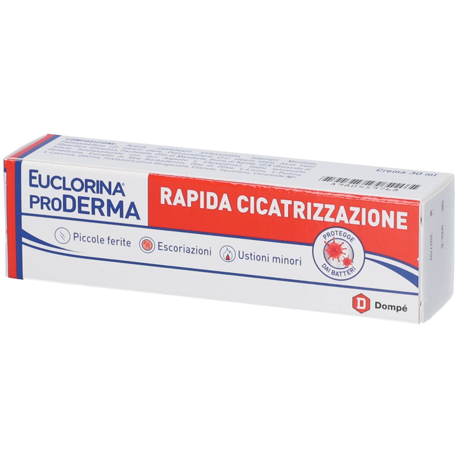 Euclorina ProDerma-Verpackung. Rote und weiße Schachtel mit Produktnamen und 'Rapida Cicatrizzazione'. Creme 30 ml.