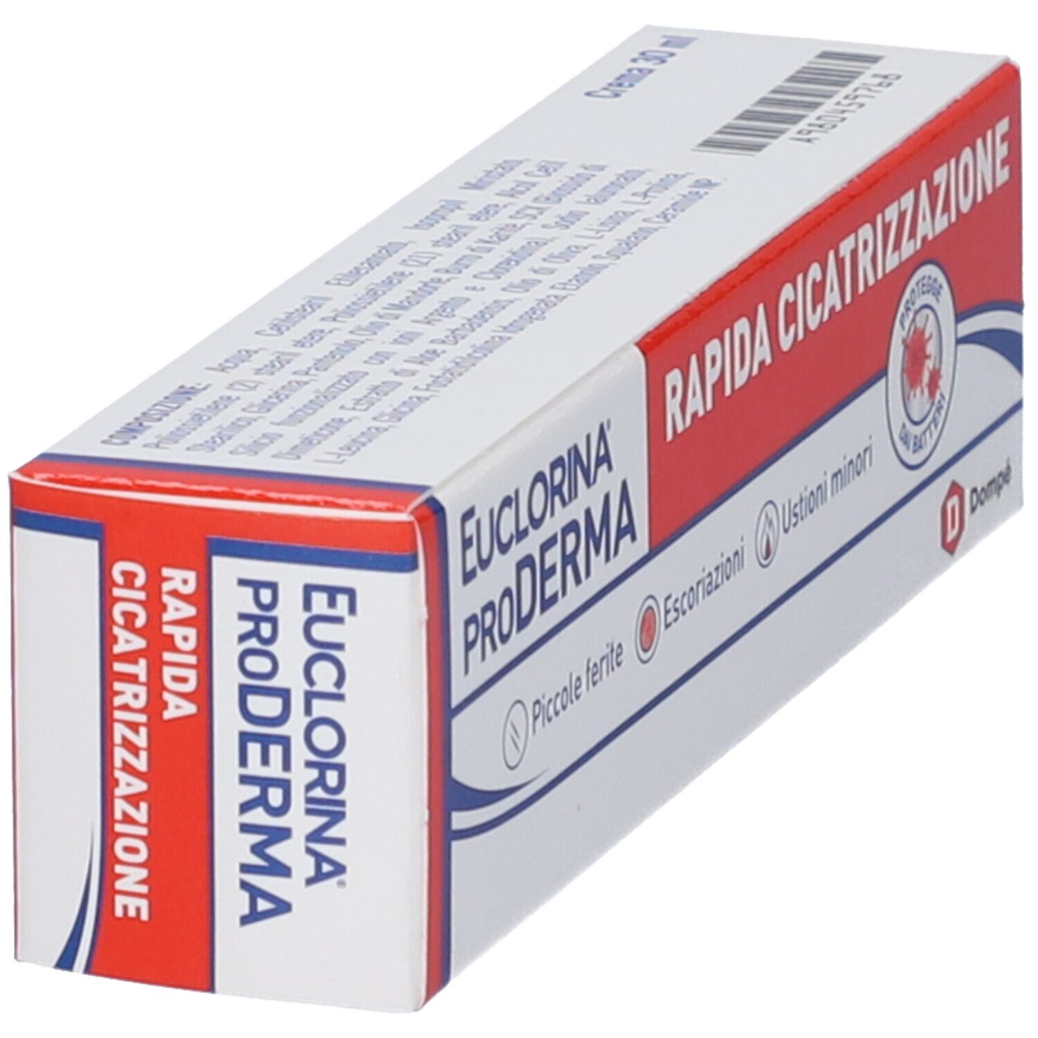 Euclorina ProDerma-Verpackung, schräg. Rote und weiße Schachtel mit Produktnamen und 'Rapida Cicatrizzazione'.