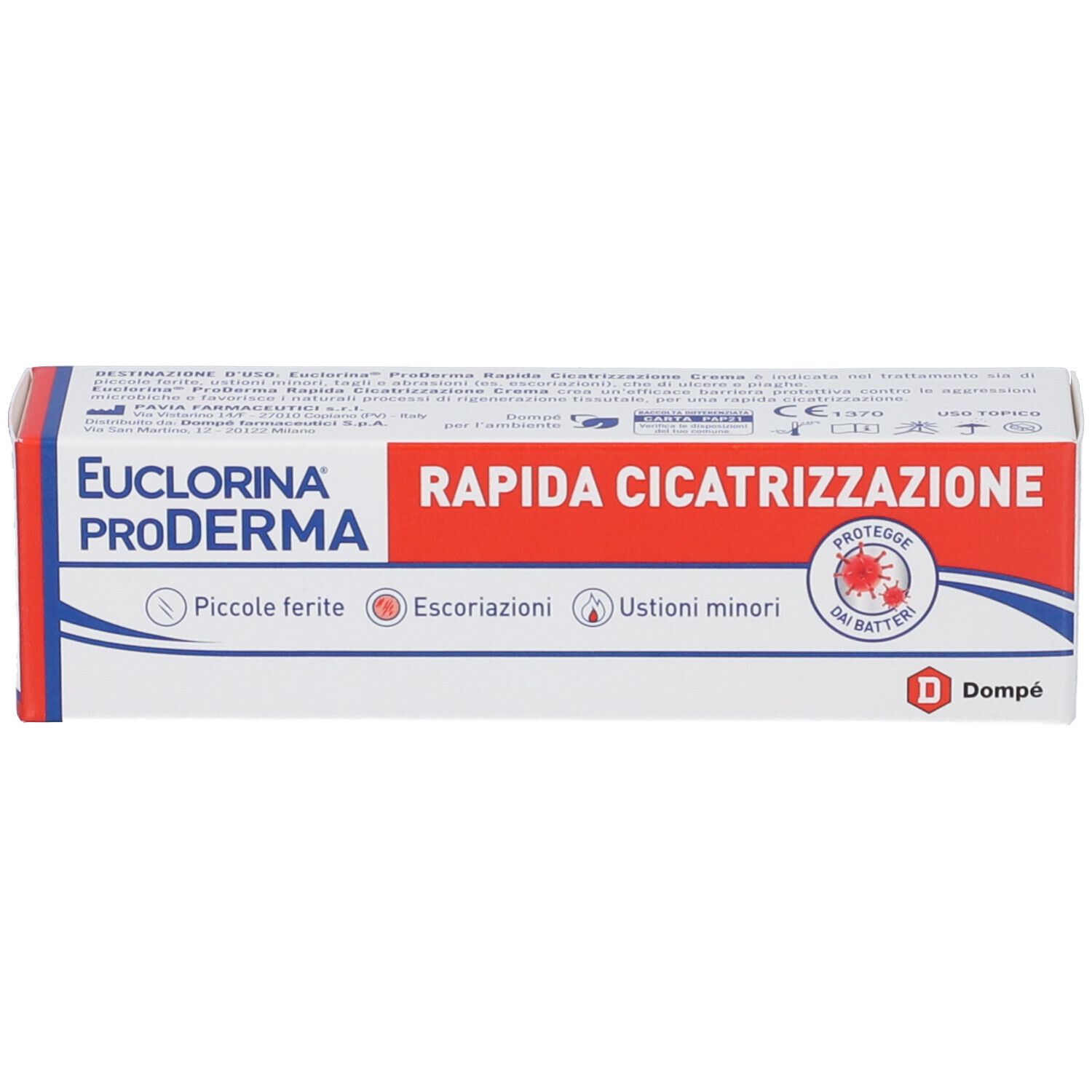 Euclorina ProDerma-Verpackung. Rote und weiße Schachtel mit Produktnamen und 'Rapida Cicatrizzazione'.