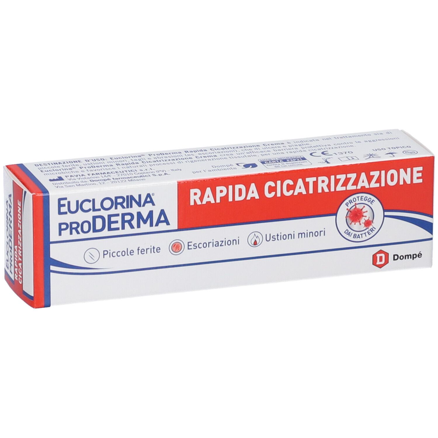 Euclorina ProDerma-Verpackung. Rote und weiße Schachtel mit Produktnamen und 'Rapida Cicatrizzazione'.
