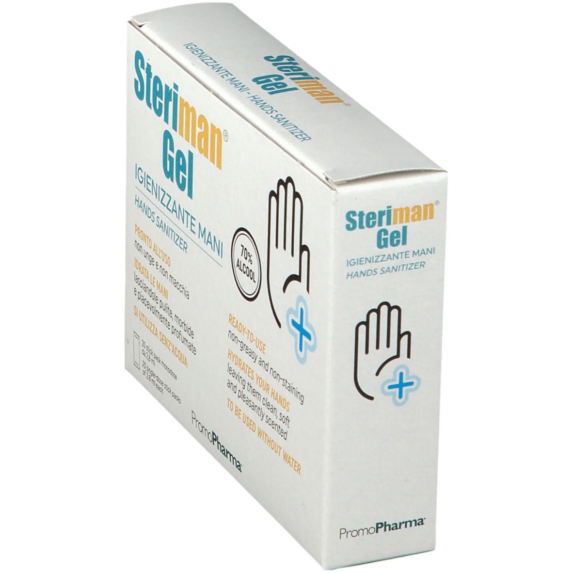 Confezione di Steriman Gel, igienizzante mani. Stampa: 70% alcool. Testo: Pronto all'uso, idrata le mani, 20 stick pack monodose.