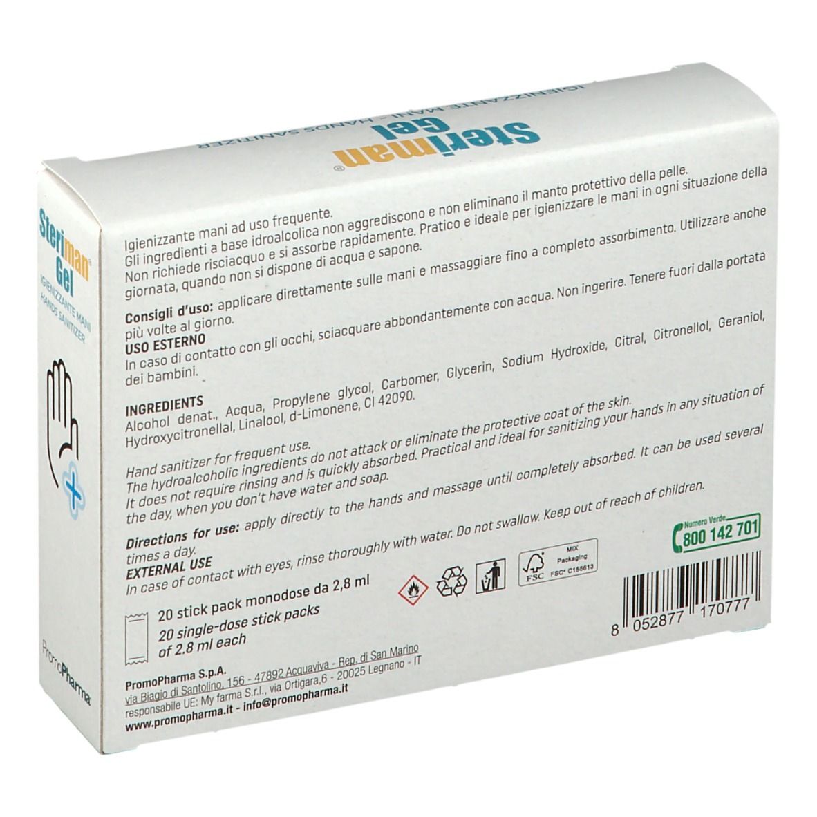 Confezione di Steriman Gel, igienizzante mani. Stampa: 70% alcool. Testo: Pronto all'uso, idrata le mani, 20 stick pack monodose.