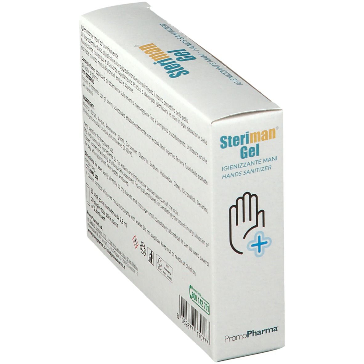 Confezione di Steriman Gel, igienizzante mani. Stampa: 70% alcool. Testo: Pronto all'uso, idrata le mani, 20 stick pack monodose.