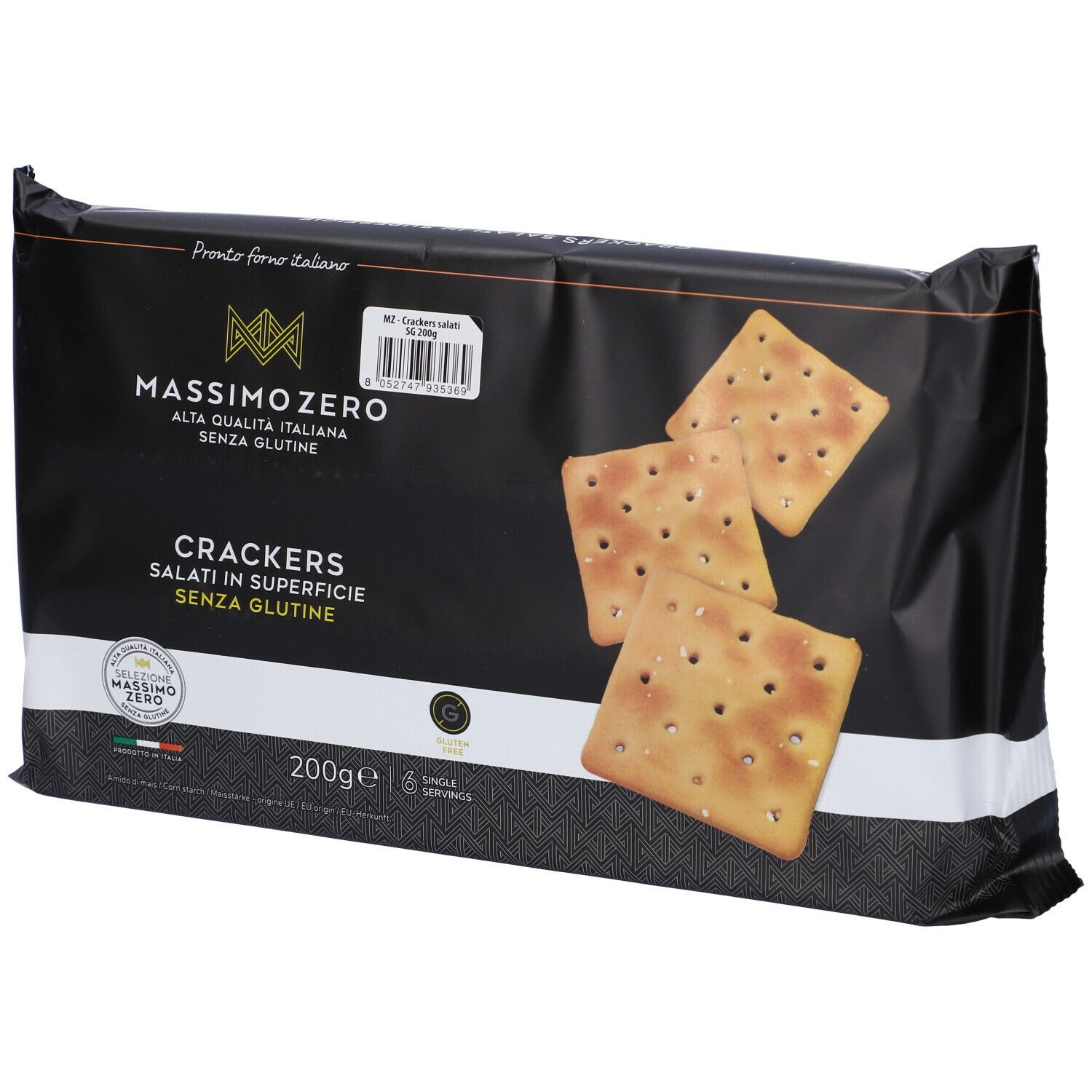 Confezione di cracker Massimo Zero Salati. Confezione nera con nome del prodotto e cracker.
