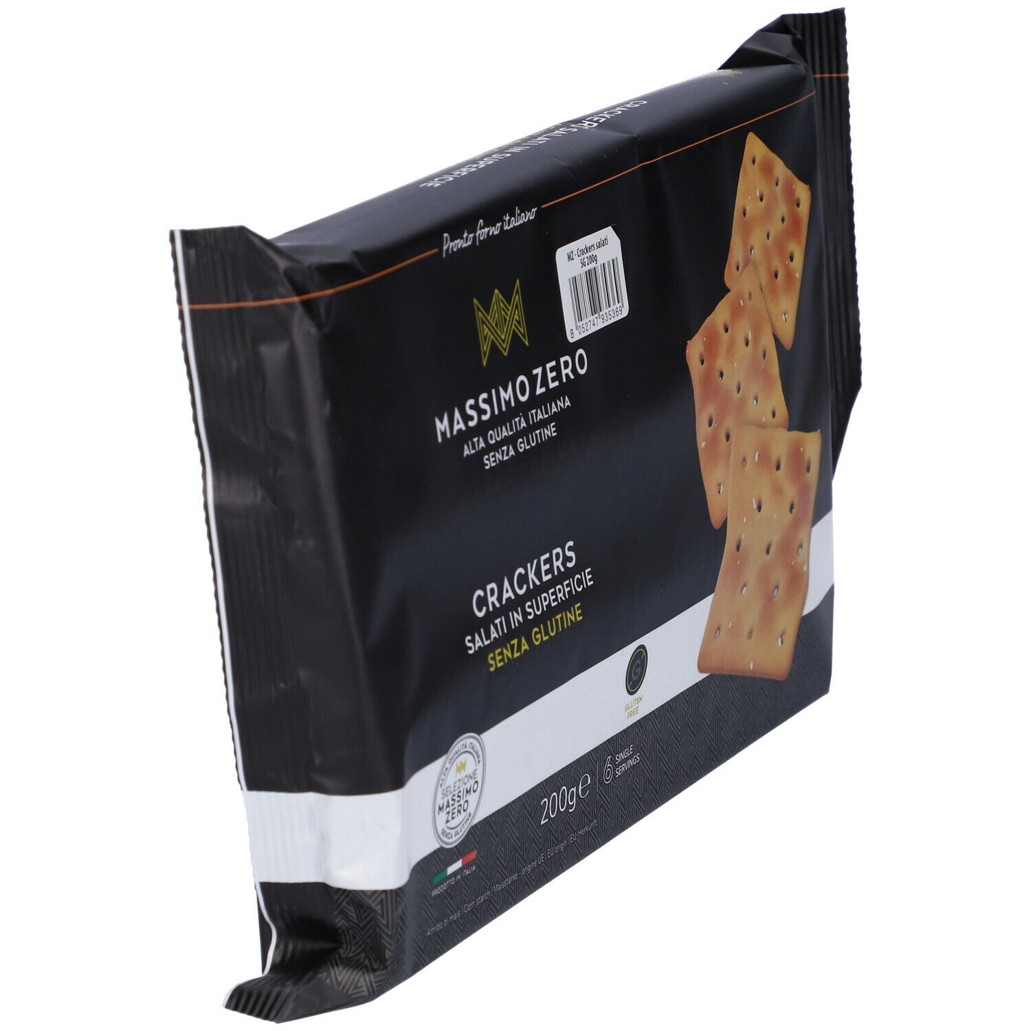 Confezione nera di cracker Massimo Zero Salati. Nome del prodotto e cracker visibili.