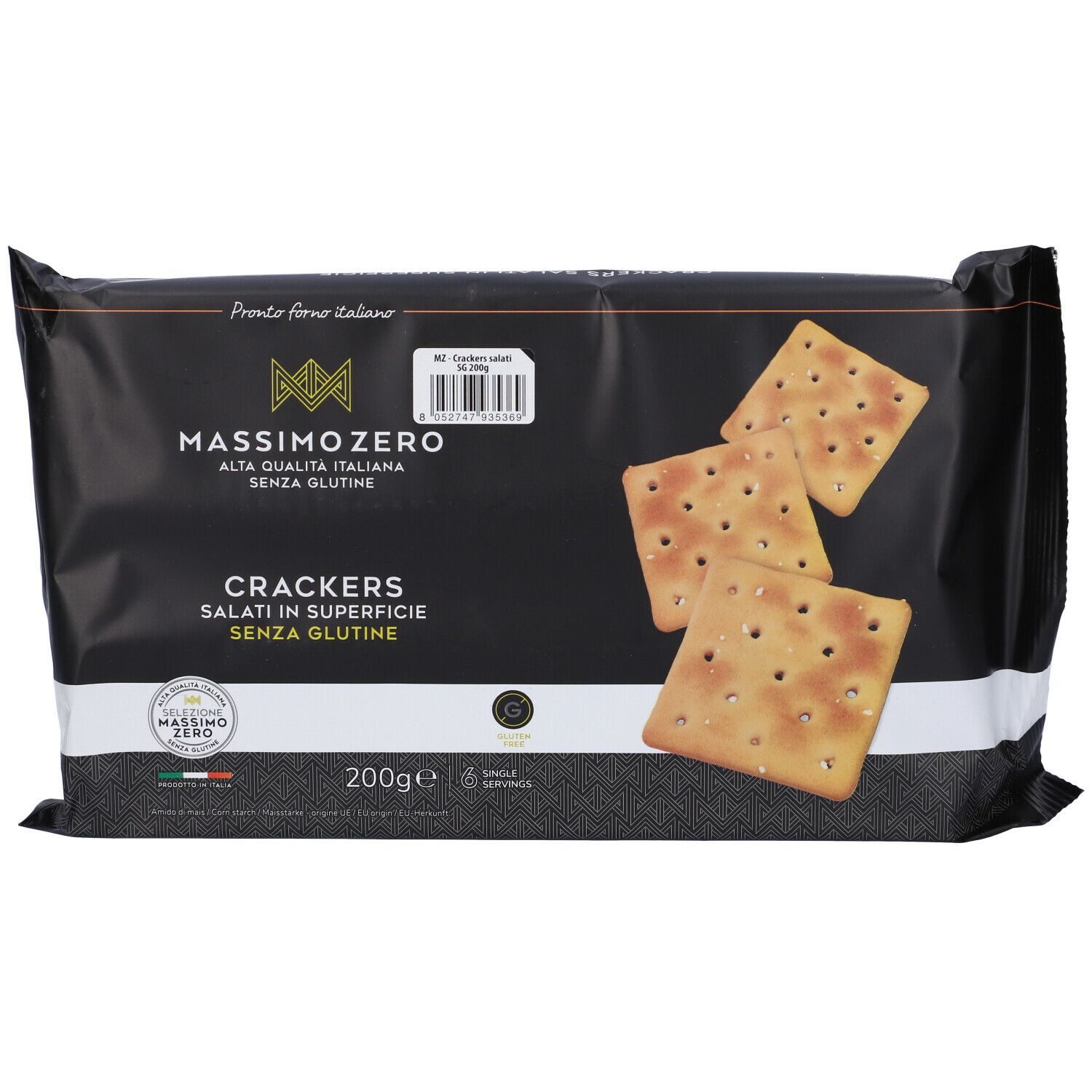 Confezione di cracker Massimo Zero Salati. Confezione nera con nome del prodotto e cracker.