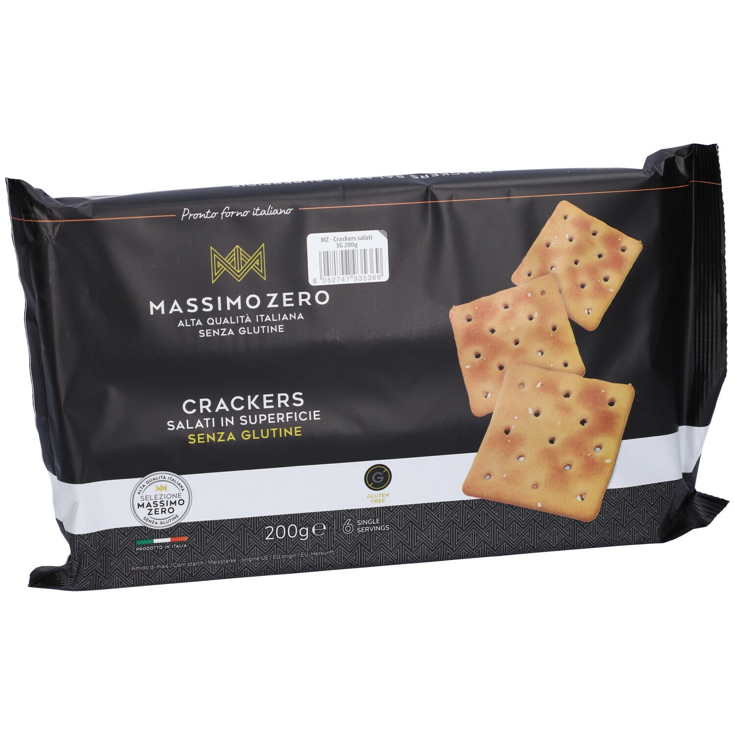 Confezione di cracker Massimo Zero Salati. Confezione nera con nome del prodotto e cracker.