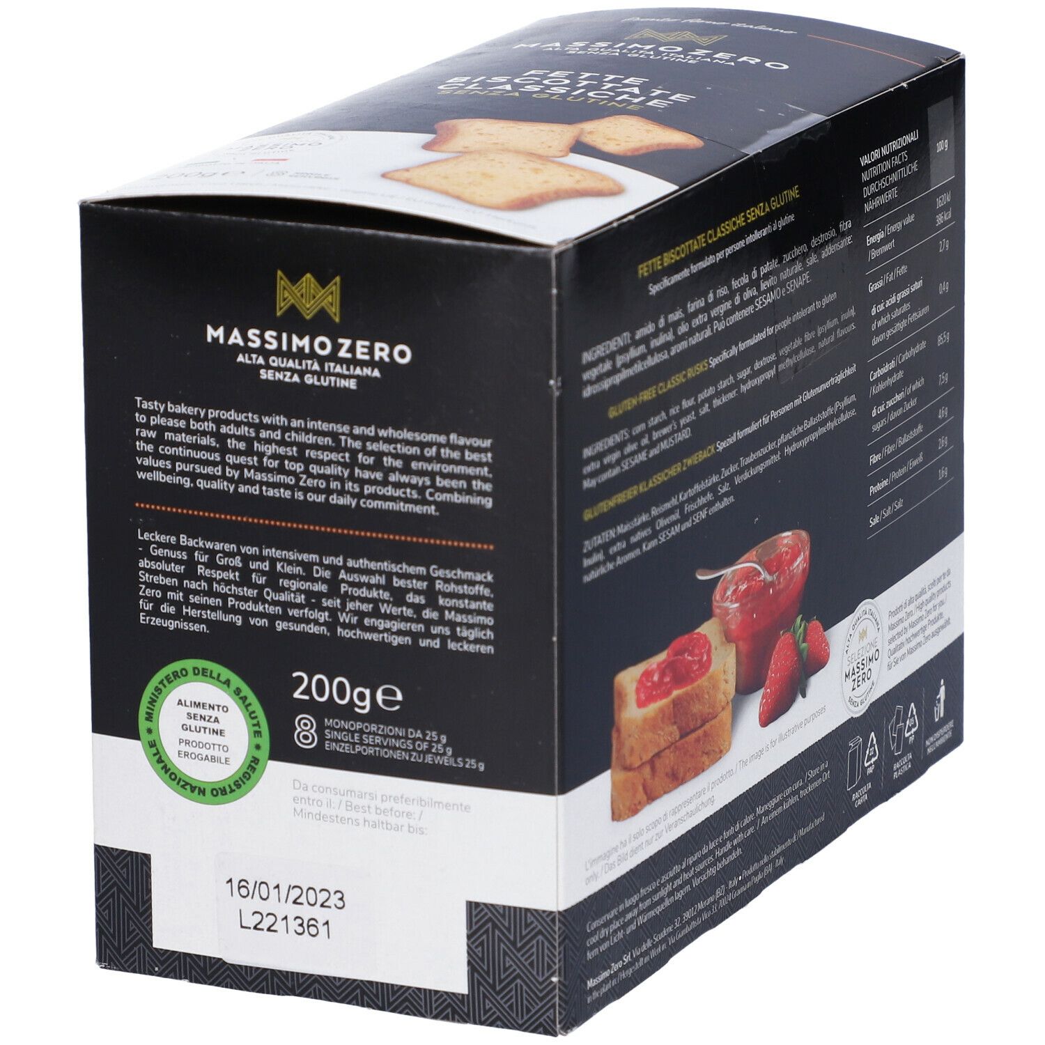 Confezione di fette biscottate con testo in italiano e tedesco. Immagine di fette biscottate con marmellata e fragole.