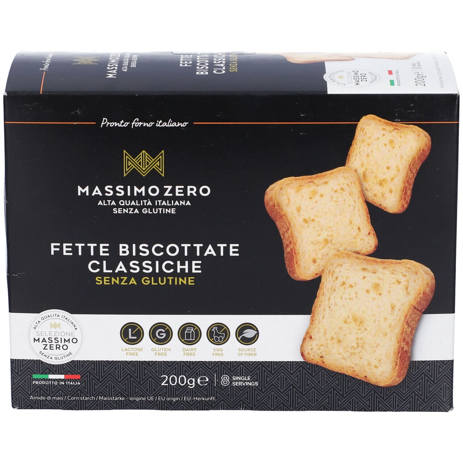 Confezione di fette biscottate senza glutine. Tre fette visibili. Confezione nera con logo e nome del prodotto.