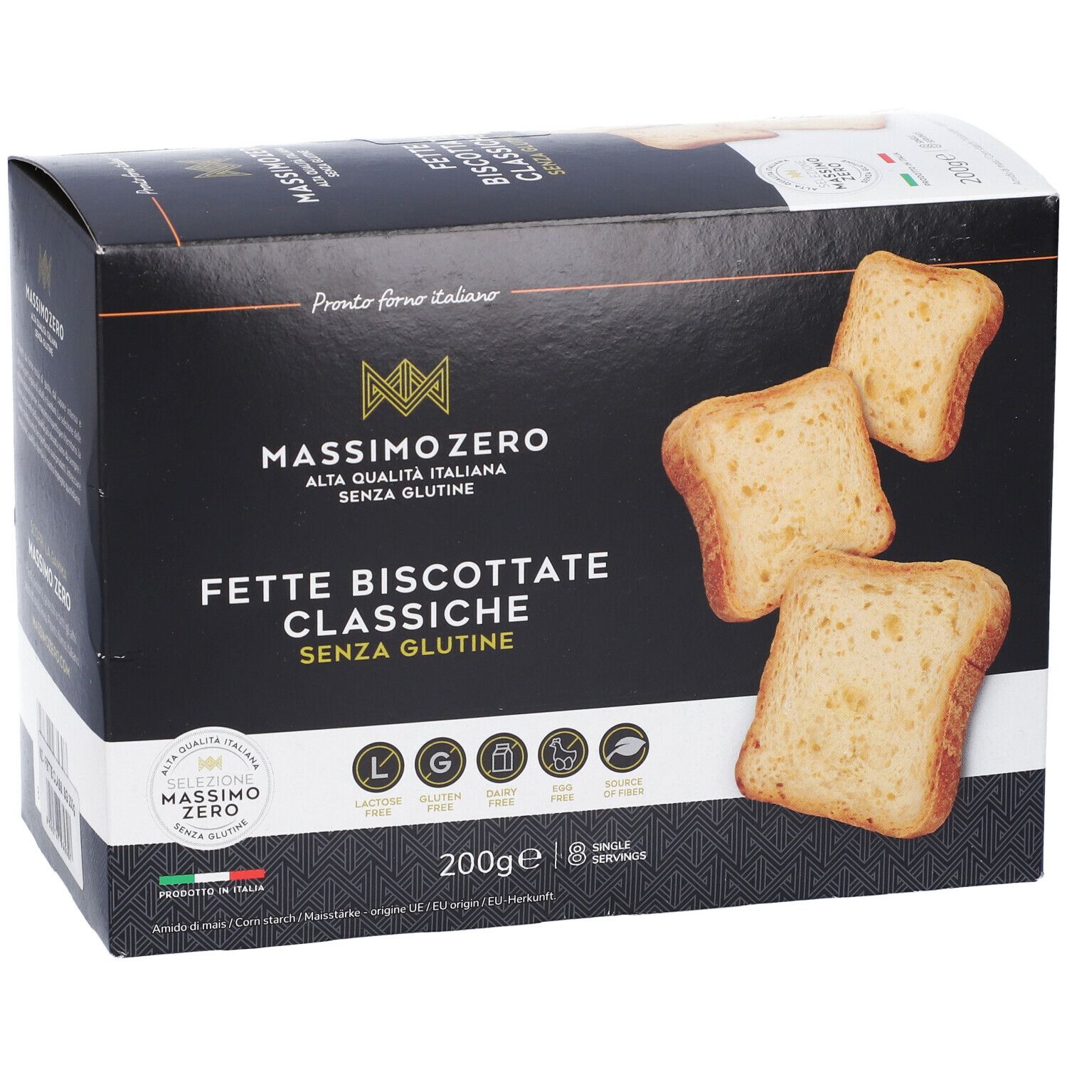 Confezione di fette biscottate senza glutine. Tre fette visibili. Confezione nera con logo e nome del prodotto.