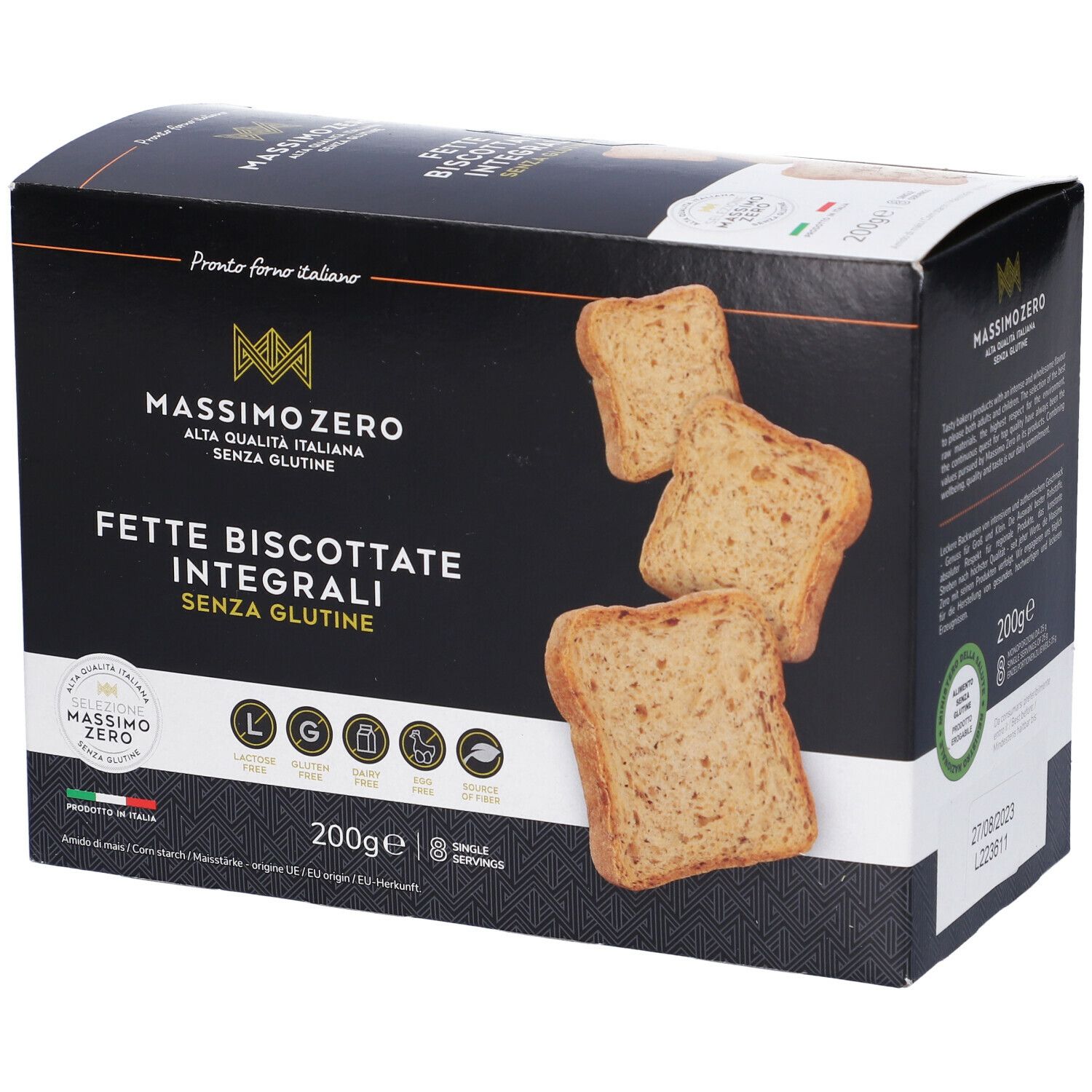 Confezione di Fette Biscottate Integrali Massimo Zero. Senza glutine. Fette biscottate visibili. Sfondo nero con logo e testo.