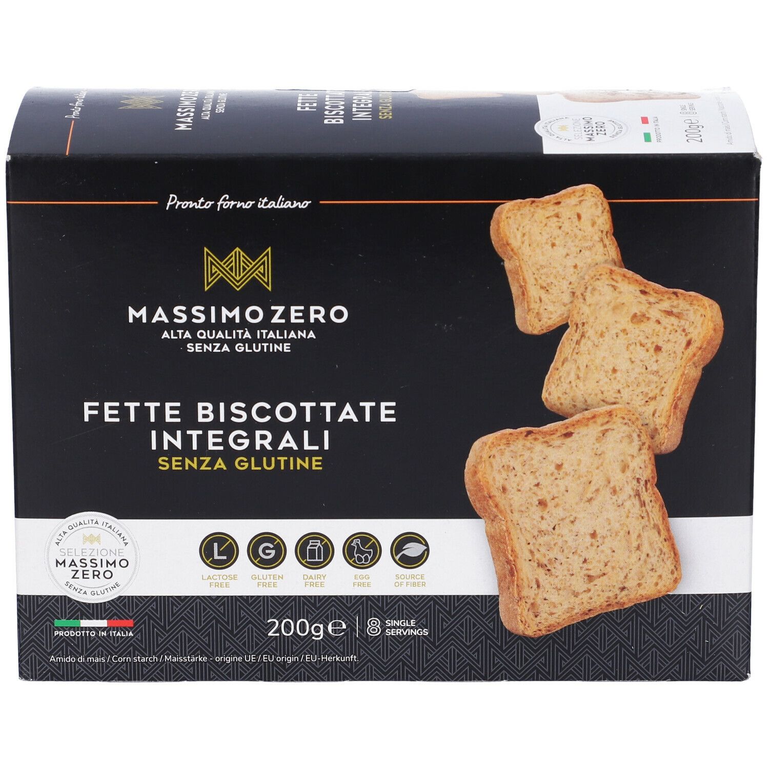 Confezione di Fette Biscottate Integrali Massimo Zero. Senza glutine. Fette biscottate. Sfondo nero con logo.