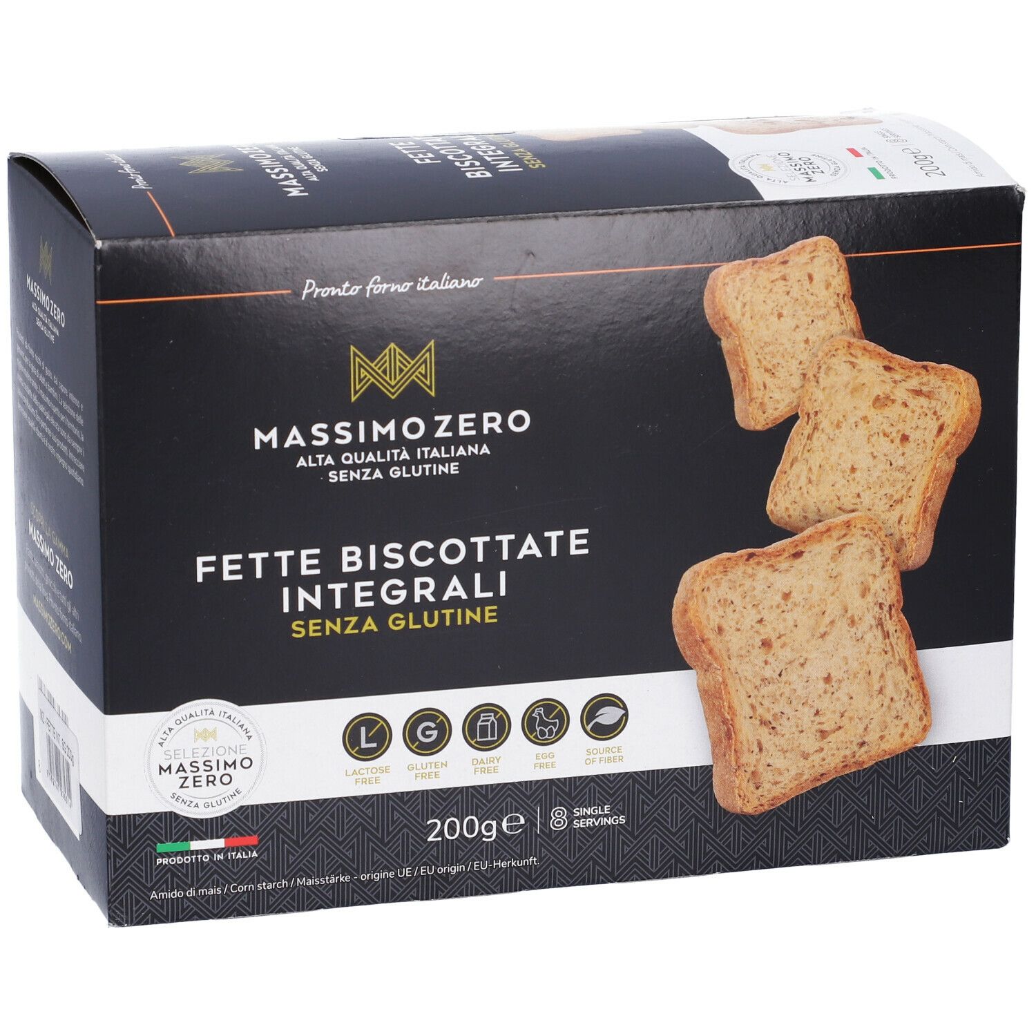 Confezione di Fette Biscottate Integrali Massimo Zero. Senza glutine. Fette biscottate. Sfondo nero con logo.