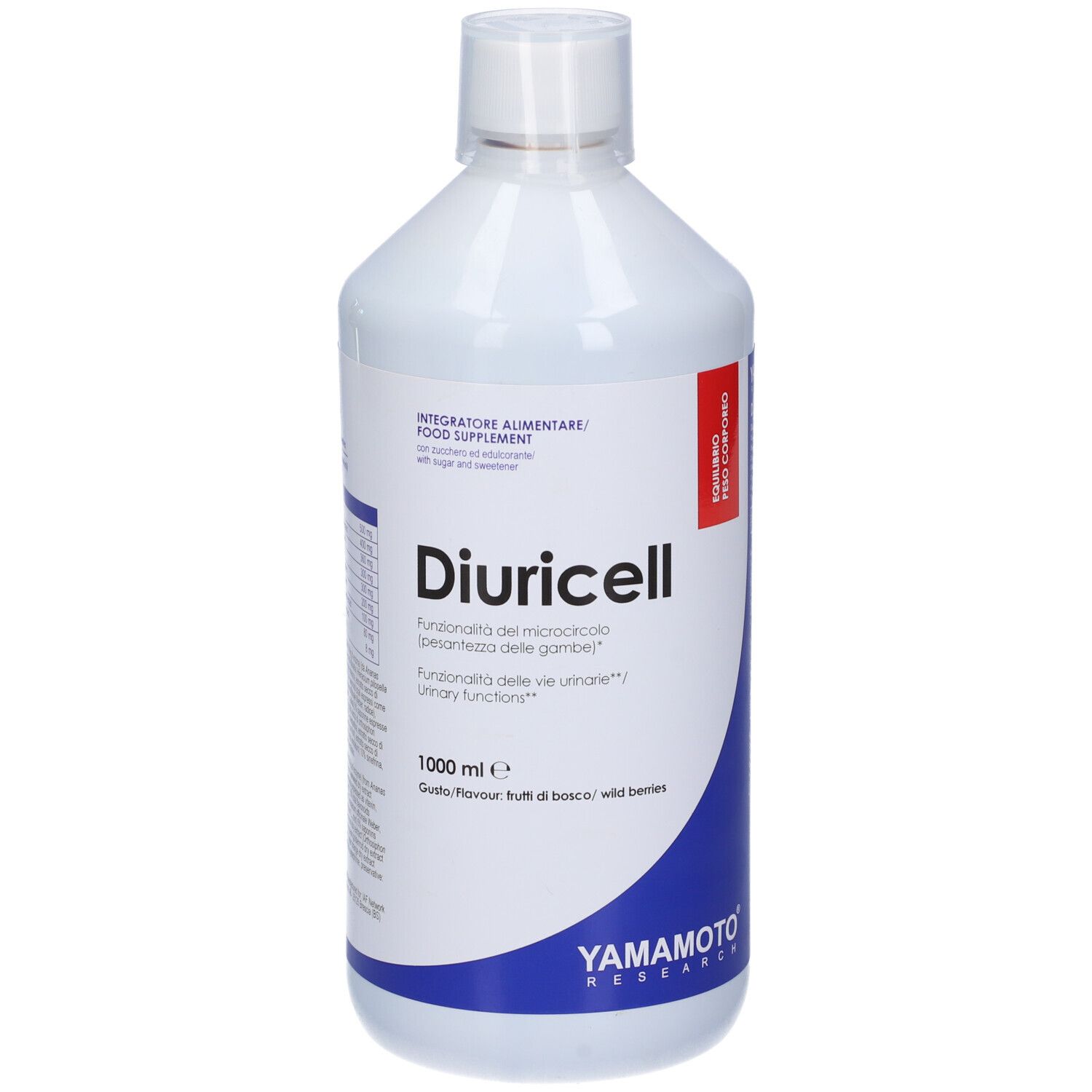 Bottiglia Diuricell di Yamamoto Research. Bottiglia bianca con etichetta blu e rossa. Testo: Diuricell, wild berries.