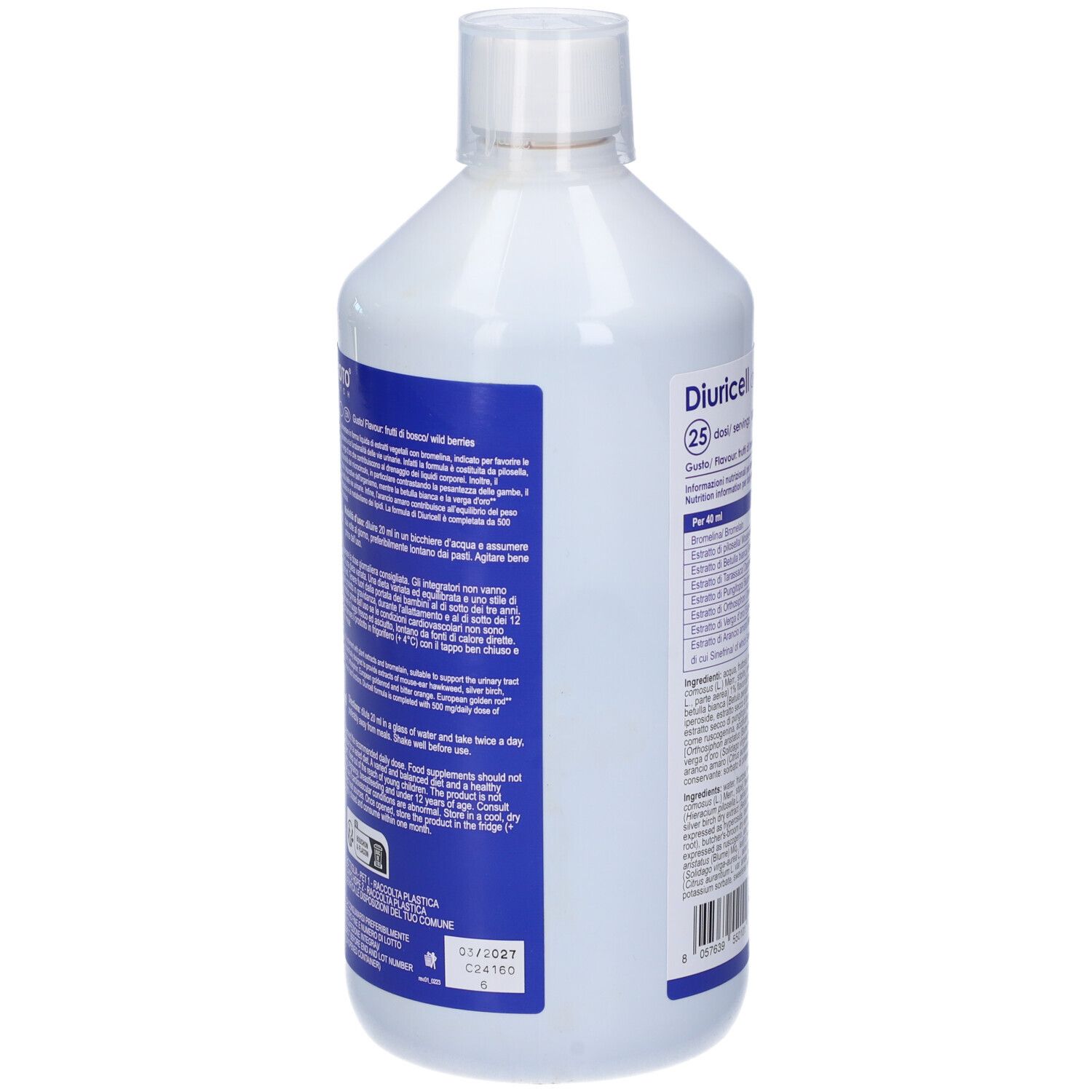 Retro della bottiglia Diuricell. Contiene informazioni sull'uso e avvertenze. 1000 ml.