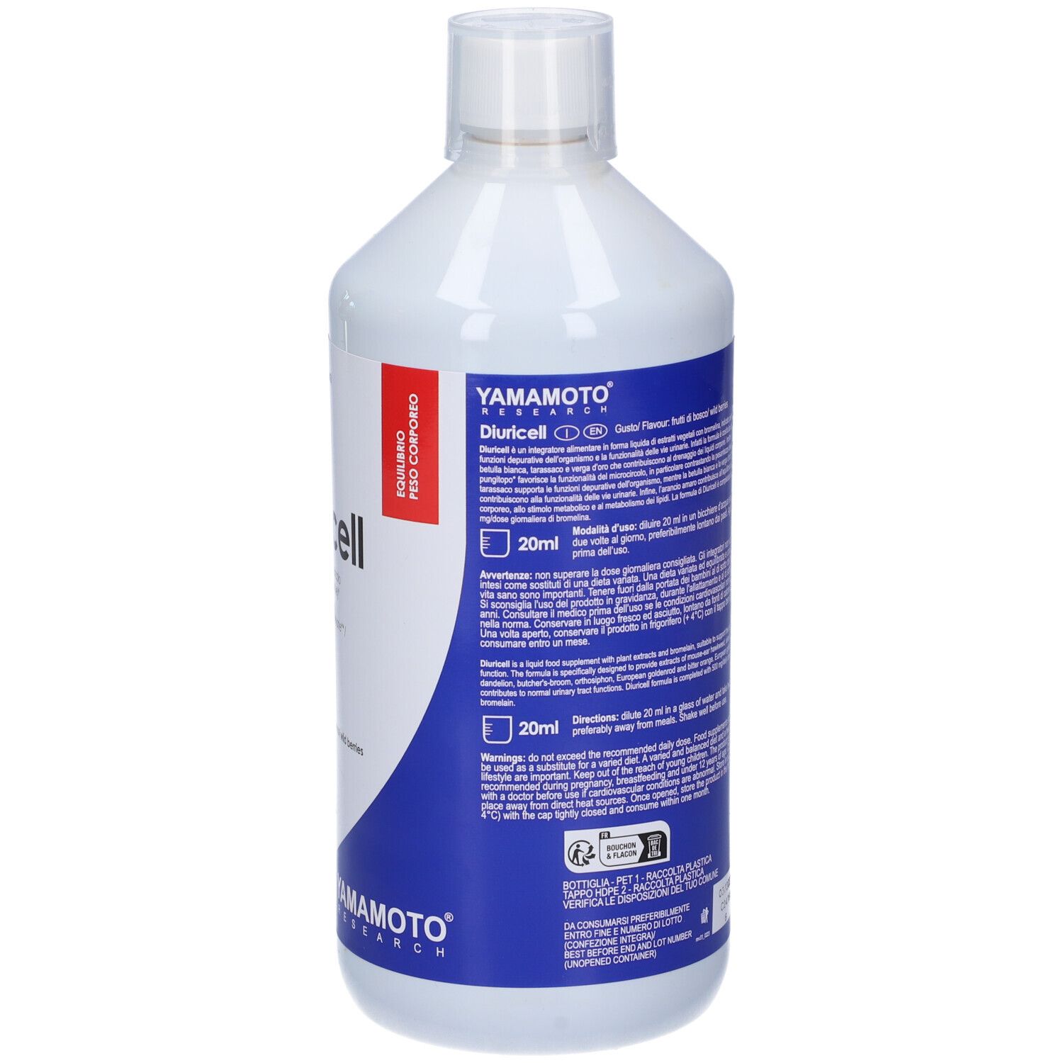 Bottiglia Diuricell di Yamamoto Research. Etichetta rossa con testo. 20 ml. 1000 ml. Bottiglia blu e bianca.