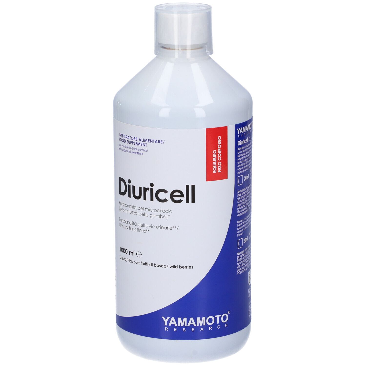 Bottiglia Diuricell di Yamamoto Research. Bottiglia bianca con etichetta blu e rossa. Testo: Diuricell, wild berries. 1000 ml.