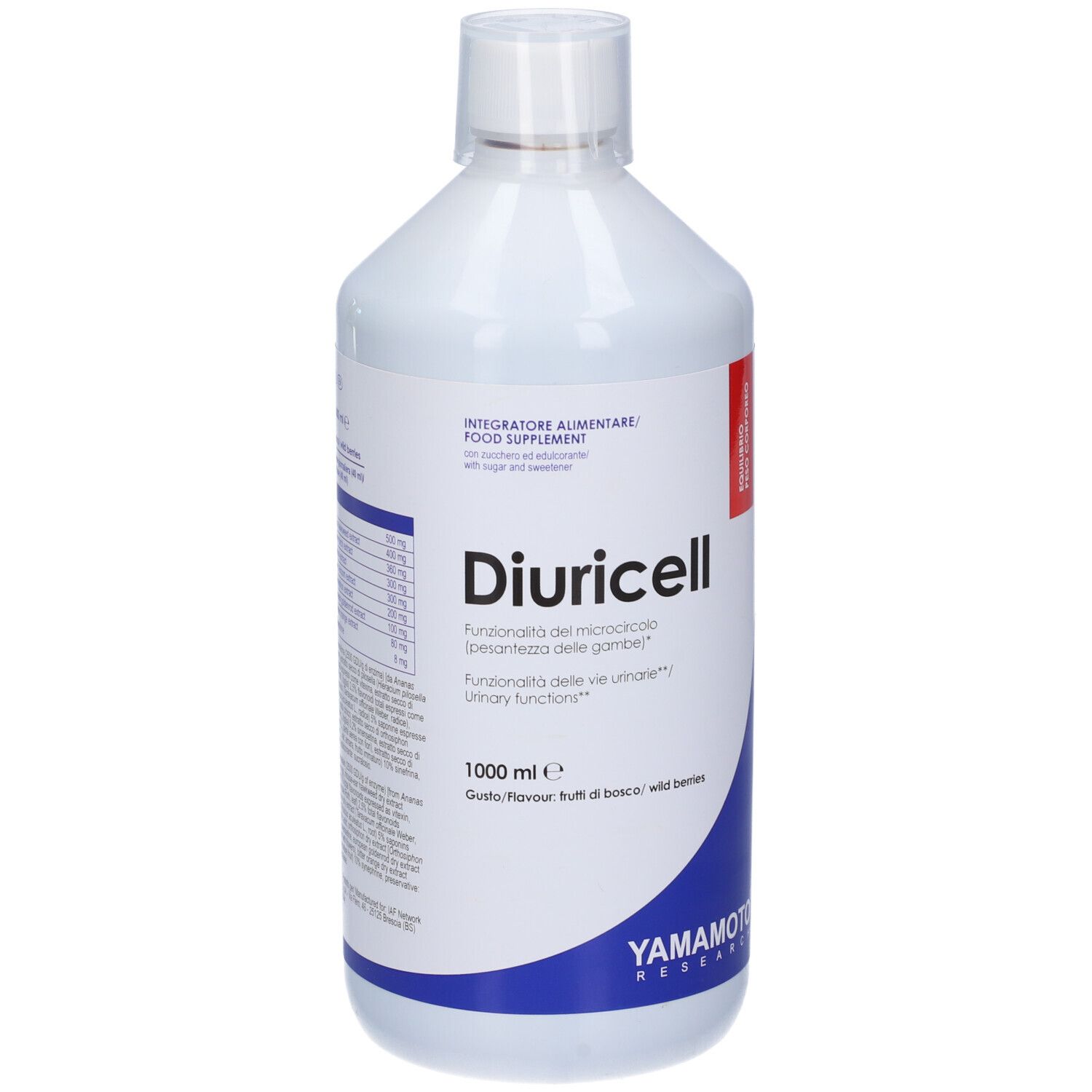 Bottiglia Diuricell di Yamamoto Research. Bottiglia bianca con etichetta blu e rossa. Testo: Diuricell, wild berries. 1000 ml.