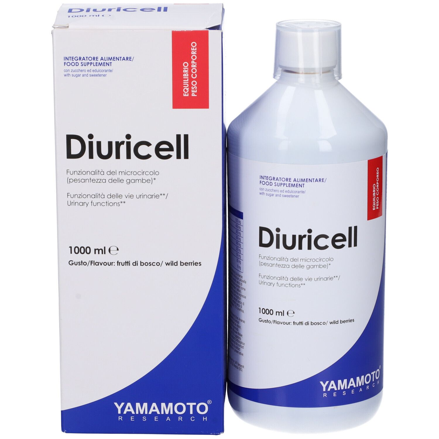 Bottiglia e scatola Diuricell di Yamamoto Research. Bottiglia e scatola bianche con design blu e rosso. 1000 ml.