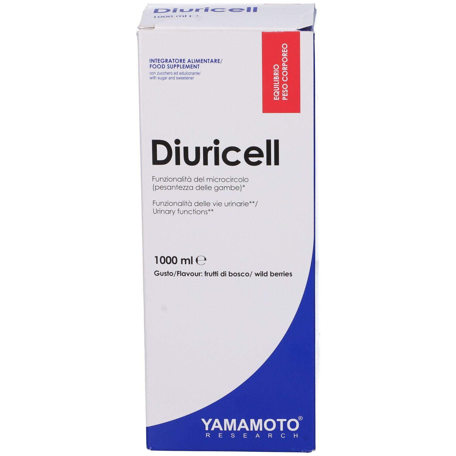 Scatola Diuricell di Yamamoto Research. Scatola bianca con design blu e rosso. Testo: Diuricell, wild berries. 1000 ml.