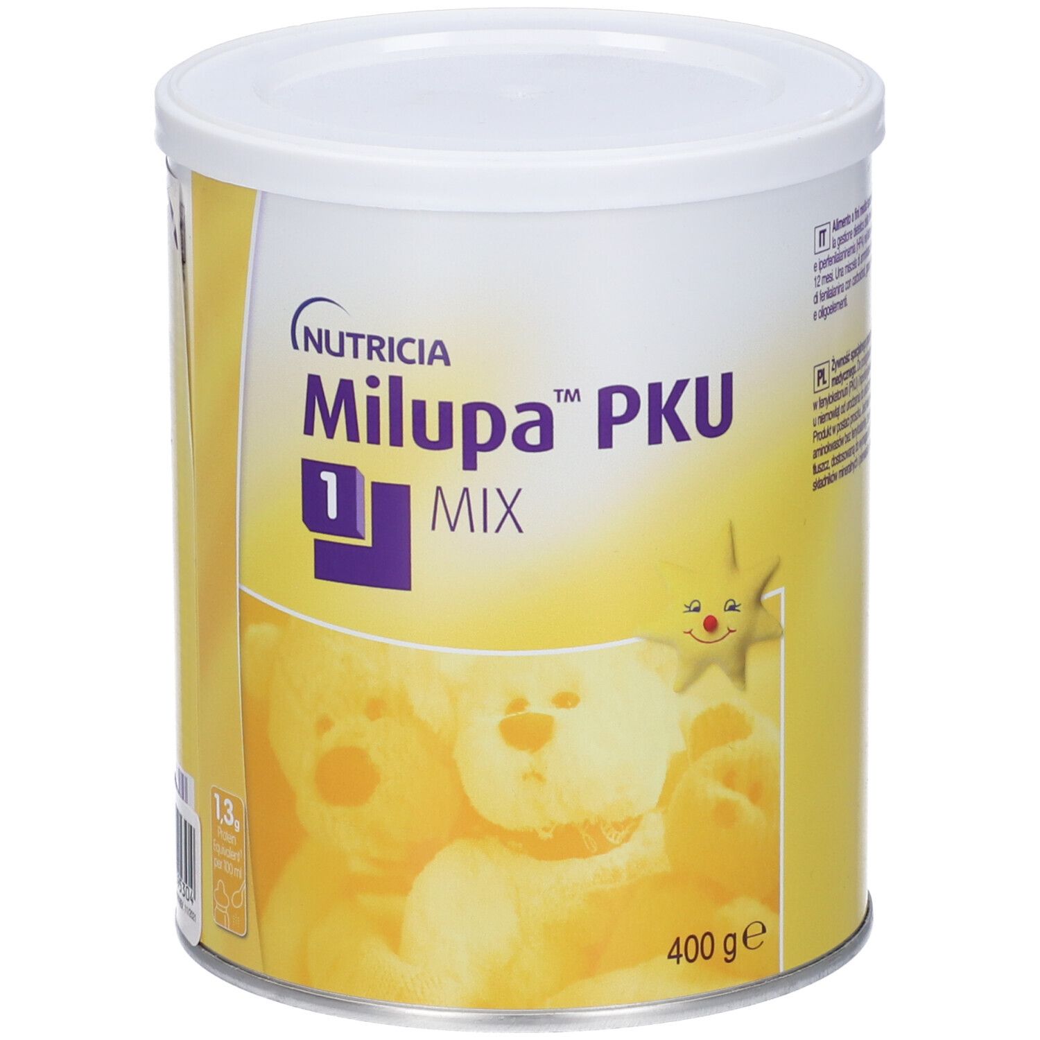 Barattolo rotondo con coperchio. Scritta: Nutricia Milupa PKU 1 MIX. Sfondo giallo con orsetti. 400g.