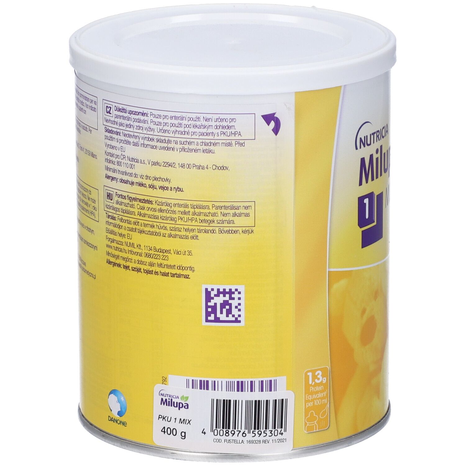 Retro del barattolo. Testo in diverse lingue. Codice QR e codice a barre. 400g. Scritta: Milupa PKU 1 MIX.