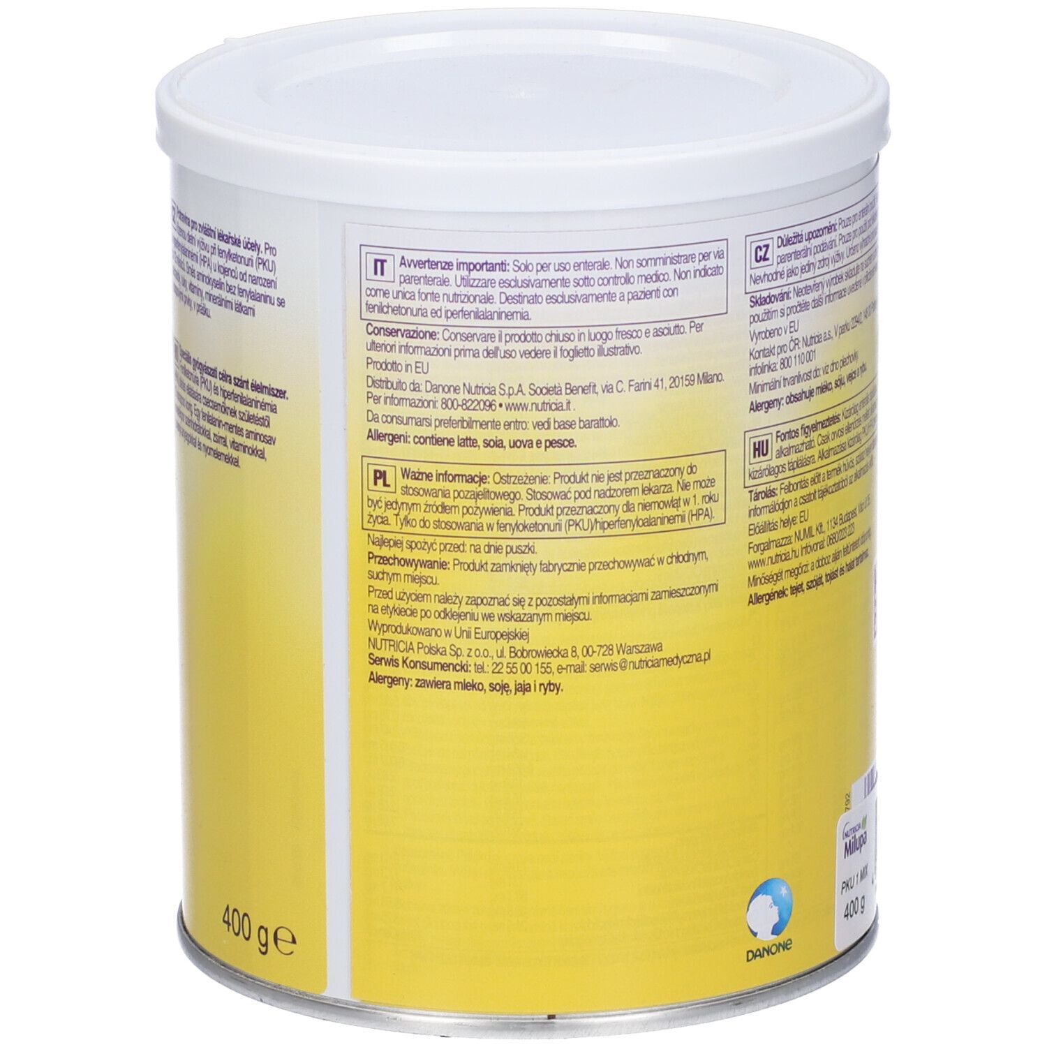 Retro del barattolo. Testo in diverse lingue. 400g. Scritta: Milupa PKU 1 MIX.