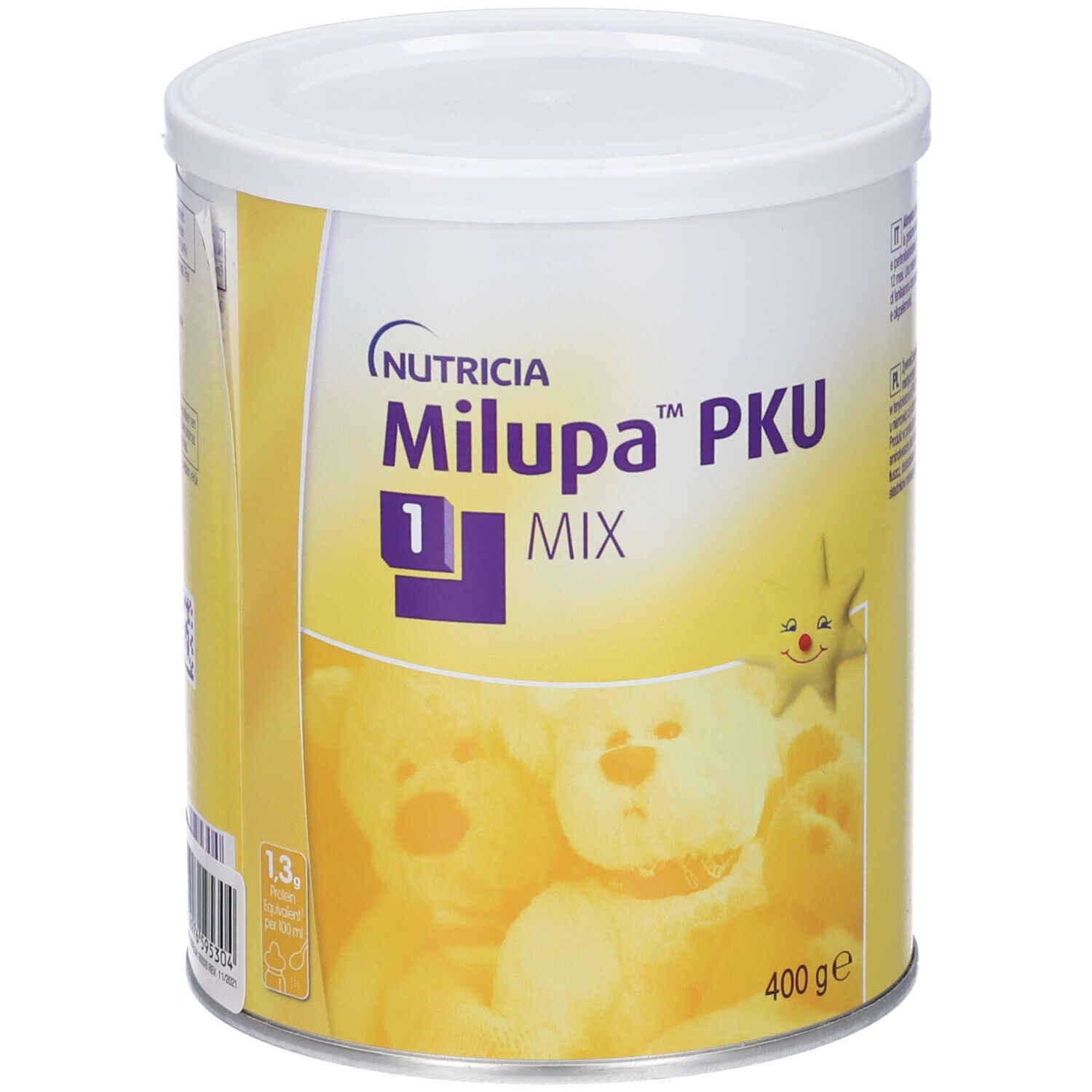 Barattolo rotondo con coperchio. Scritta: Nutricia Milupa PKU 1 MIX. Sfondo giallo con orsetti. 400g.